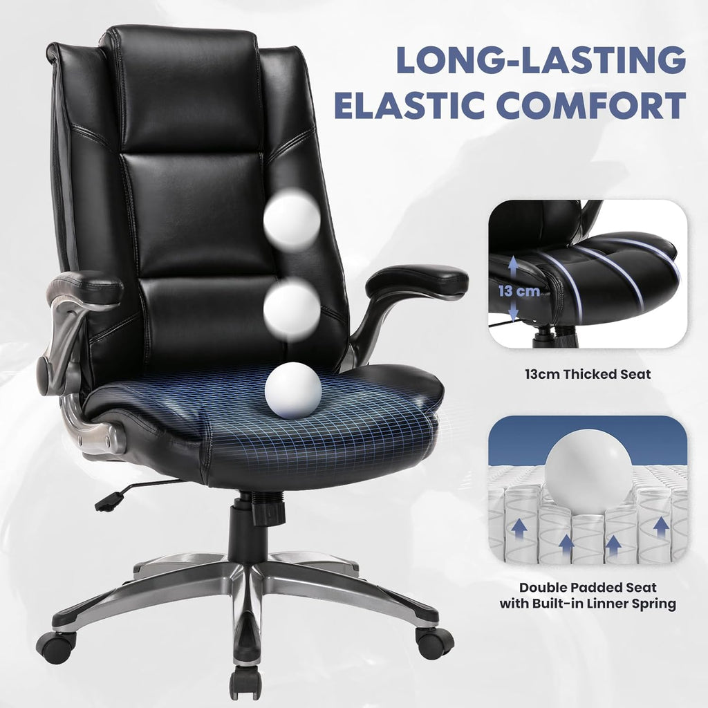 COLAMY Leather Executive Office Chair - High Back Home Computer Desk Chair with Padded Flip-up Arms, Adjustable Tilt Lock, Swivel Rolling Ergonomic Chair for Adult Working Study, Black