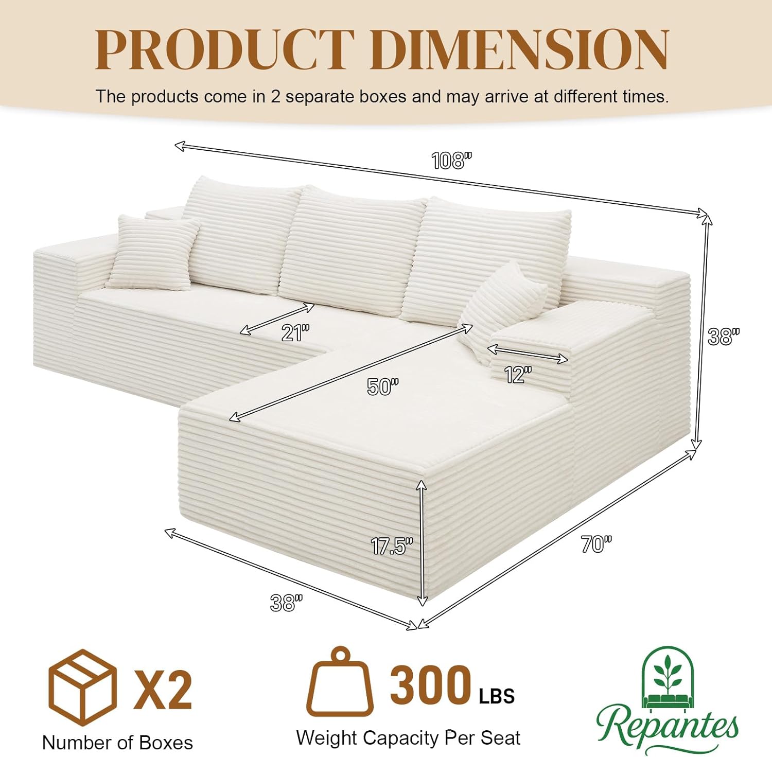 108" L Shaped Boneless Sectional Couches for Living Room, Comfy Corduroy Floor Cloud Sofa with Chaise, Wide Armrest, Deep Seat, Memory Foam, Assembly Free, Ideal for Small Spaces, White