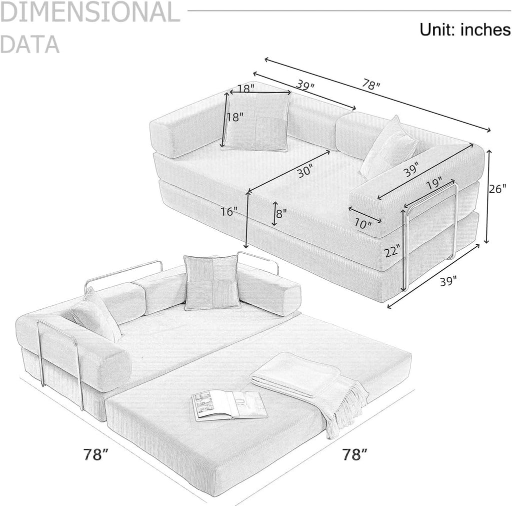 4-in-1 Folding Convertible Sofa Bed, 78 Inch Boneless Couch with Fixed-Shape Frame, Corduroy Loveseat Sleeper with Pull Out Bed, Floor Sofa Modular Futon Couch for Living Room Bedroom Lounge (Grey)