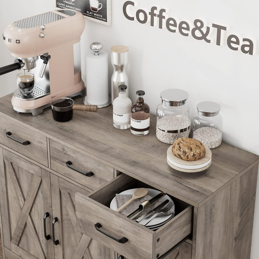 HOSTACK Modern Farmhouse Buffet Sideboard Cabinet, Barn Doors Storage Cabinet with Drawers and Shelves, Wood Coffee Bar with Storage for Dining Room, Kitchen, Living Room, Ash Grey