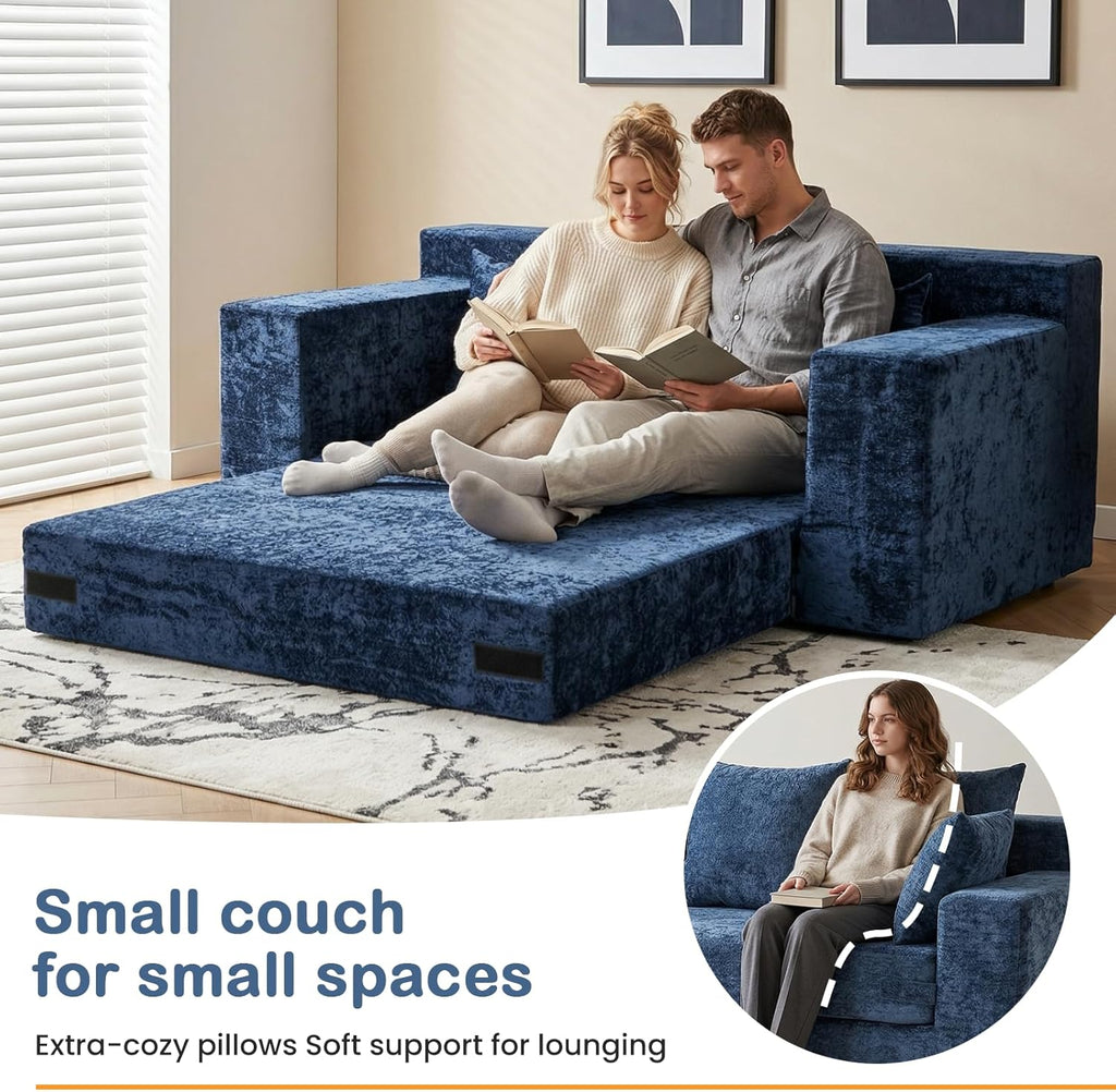 Boneless Loveseat Sofa Bed, 3-in-1 Convertible Sofa Bed Sleeper Sofa Floor Futon Couch for Living Room, Velvet-Blue