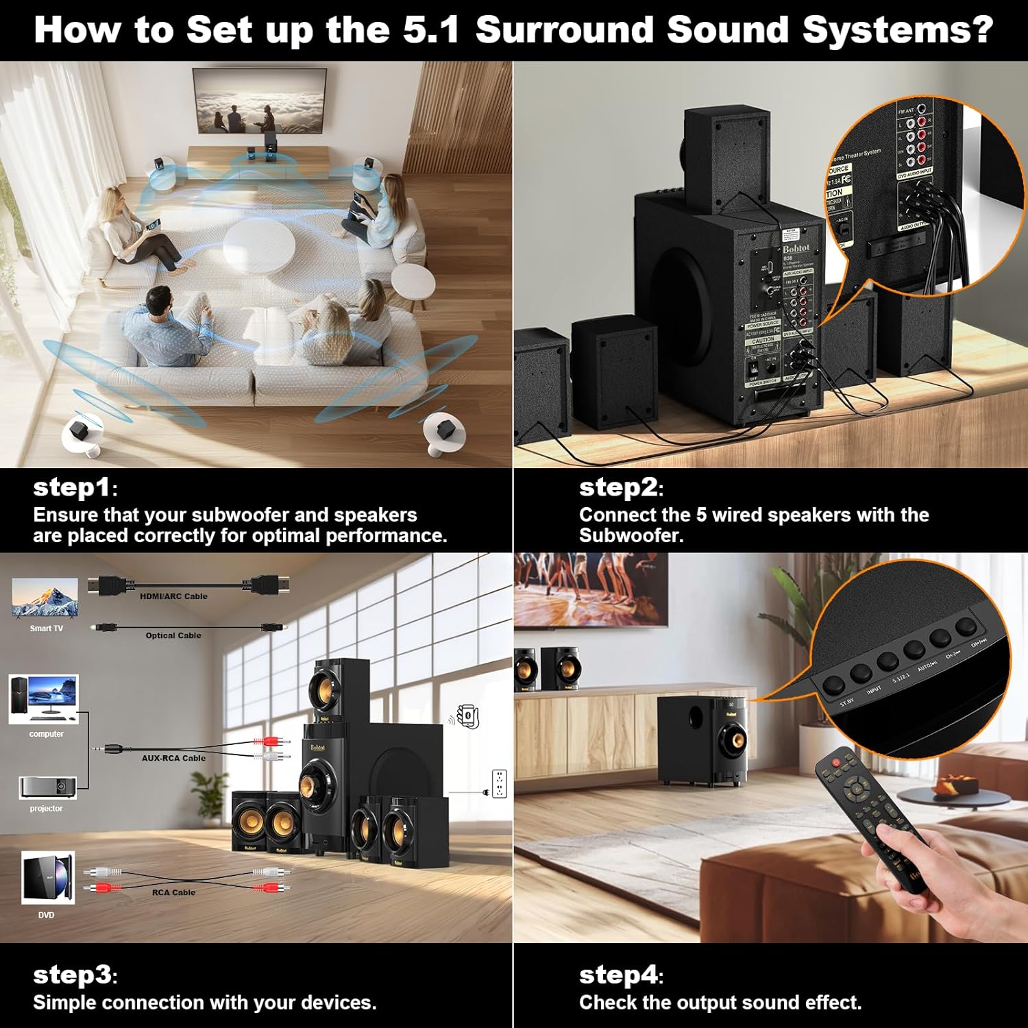 Bobtot Small Subwoofer Home Theater for TV Surround System 5 Wired Speakers Amplifier 4 inch Woofer Built-in Receiver Support ARC Optical Bluetooth Input for Projector