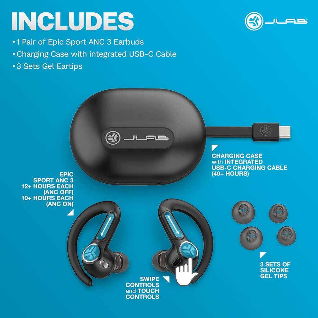 JLab, Epic Air Sport ANC 3, True Wireless Earbuds, Active Noise Cancelling, Bluetooth, Sport, Black