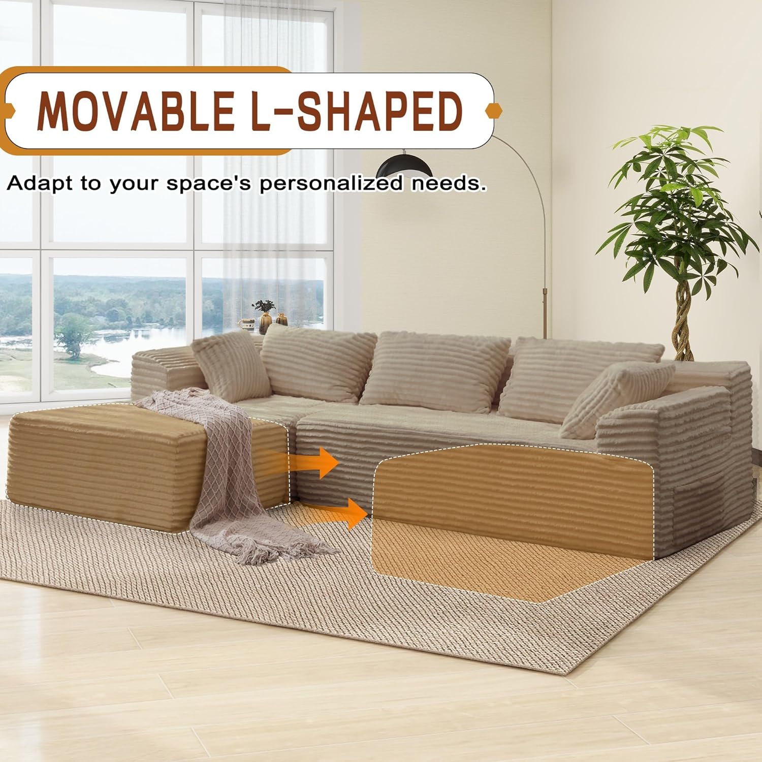 Korser 110" L-Shaped Modular Sectional Sofa with Chaise, Boneless Comfy Corduroy Fluffy Couch with Deep Seat and Side Pockets, Flexible Module Combination for Living Room, No Assembly, Side Pockets