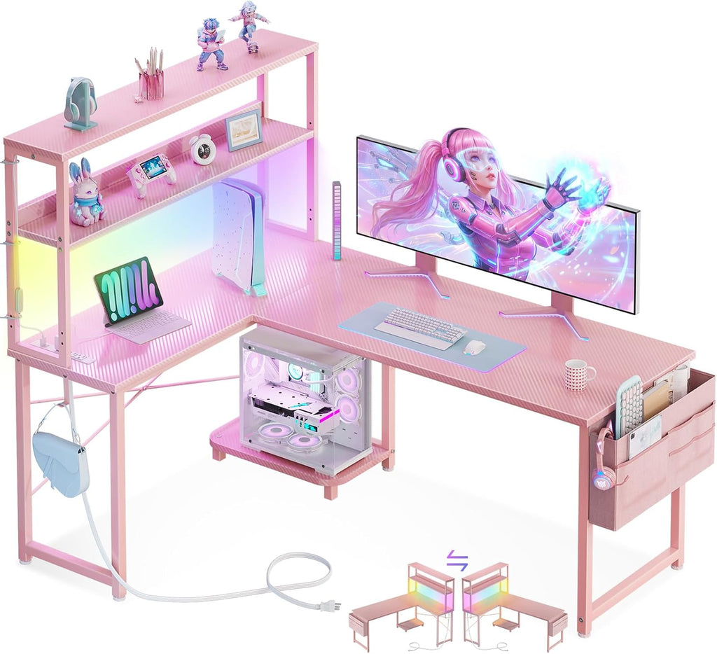 ODK 53 Inch L Shaped Desk with LED Lighting, Reversible Gaming Desk with Power Outlets, Cornor Computer Table with Storage Shelves & Bag & Iron Hook, Home Office Table for Writing, Study, Pink