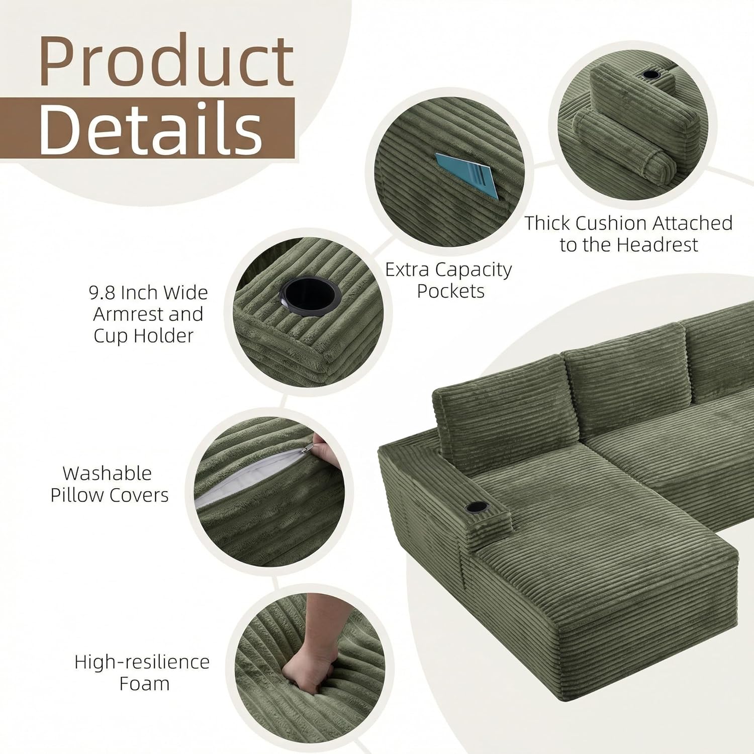 104" L Shaped Boneless Sectional Couches for Living Room, Comfy Corduroy Floor Cloud Sofa with Chaise and Cup Holder, Wide Armrest, Deep Seat, Assembly Free, Ideal for Small Spaces, Green