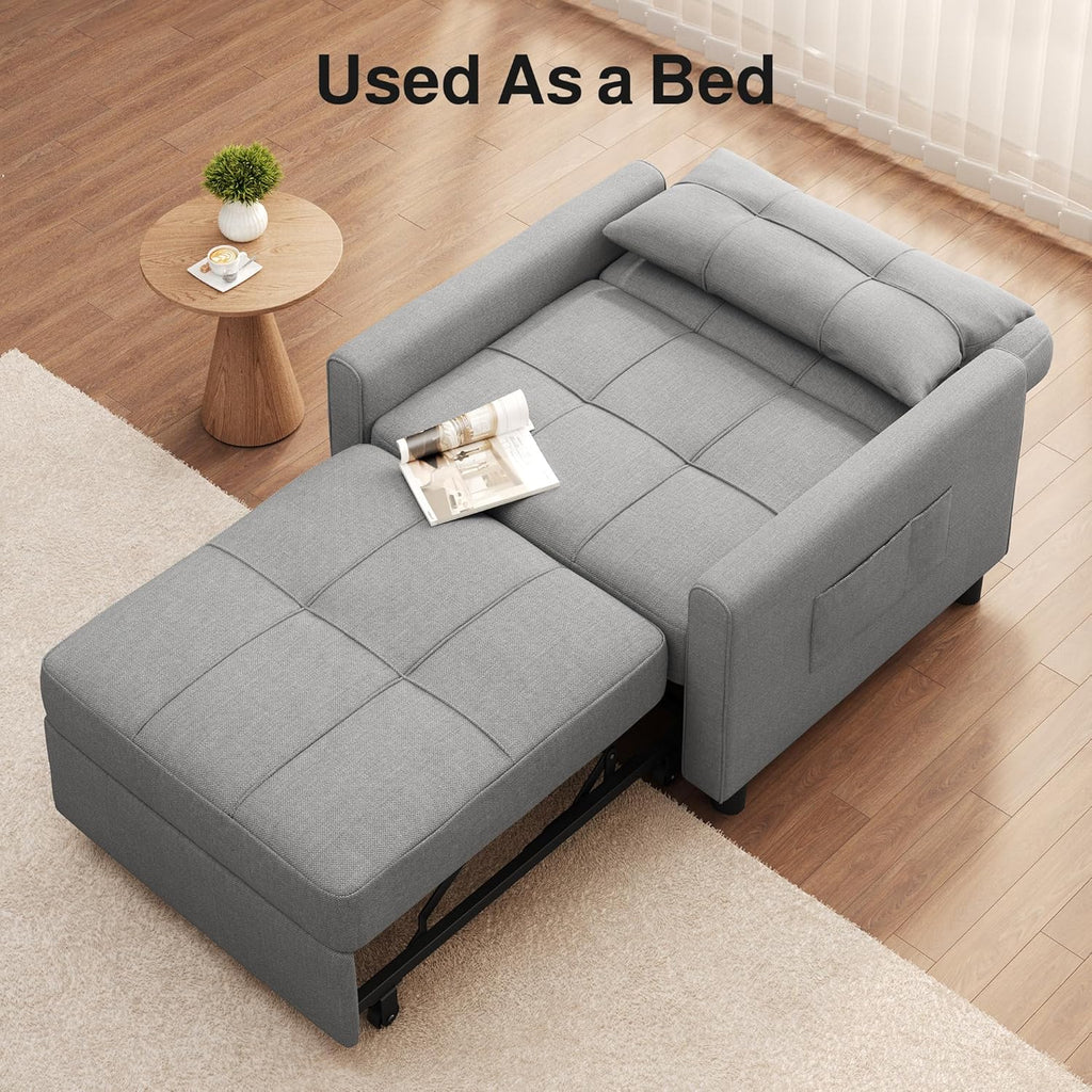 Ahomly Sleeper Sofa Chair Bed, Convertible Sofa Chair 3-in-1, Adjustable Sleeper Chair Pullout Sofa Bed with Modern Linen Fabric for Living Room Apartment Small Space, Grey
