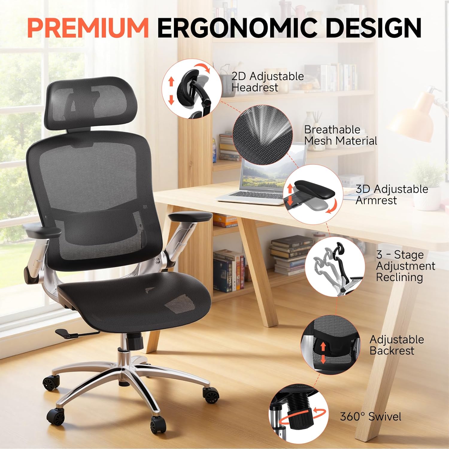 GTPLAYER Big and Tall Ergonomic Mesh Office Chair, High Back Home Desk Chair Computer Gaming Chair with Headrest, Flip-Up Arms, 90-125° Tilt Lock and Wide Cushion, Task Chair for Man Woman-Deep Black