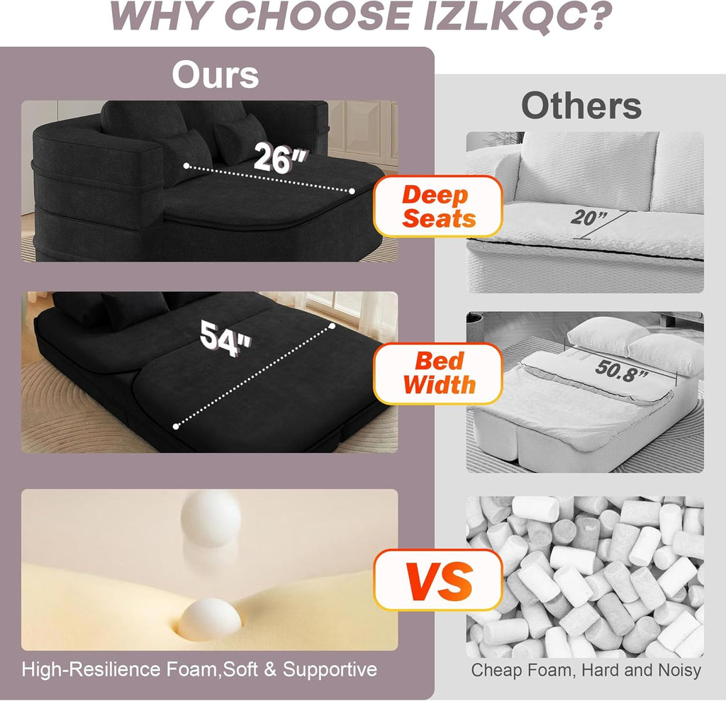 75'' Folding Sleeper Sofa Bed, Convertible Memory Foam Boneless Couch, Foldable Full Size Guest Bed, Modern 2-in-1 Futon Floor Sleeper Sofa with 4 Pillows and Blanket (Chenille, Black1)