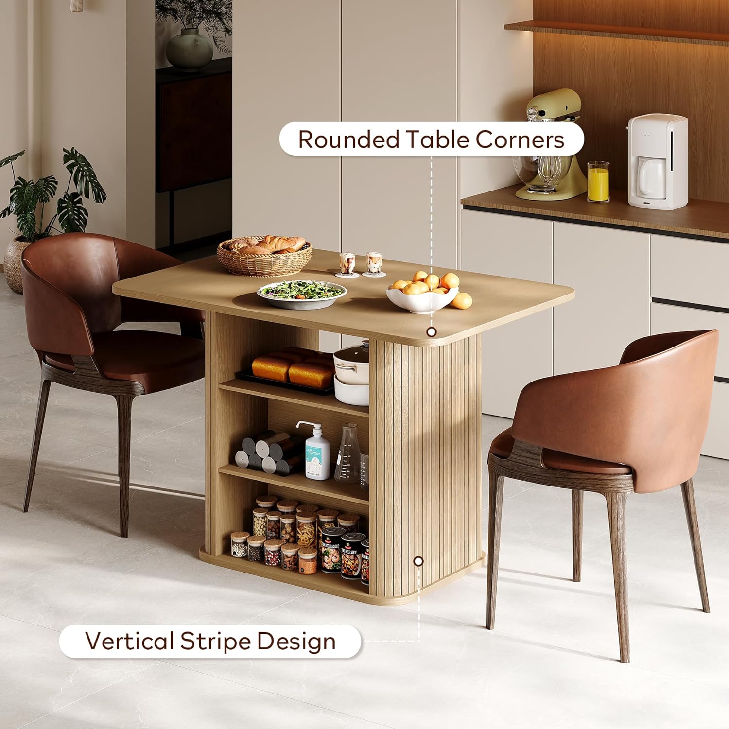 FUQARHY Dining Table for 4, Small Rectangular Kitchen Table for 2 with 3-Tier Storage Shelf, Farmhouse Modern Fluted Wood Table (Oak)