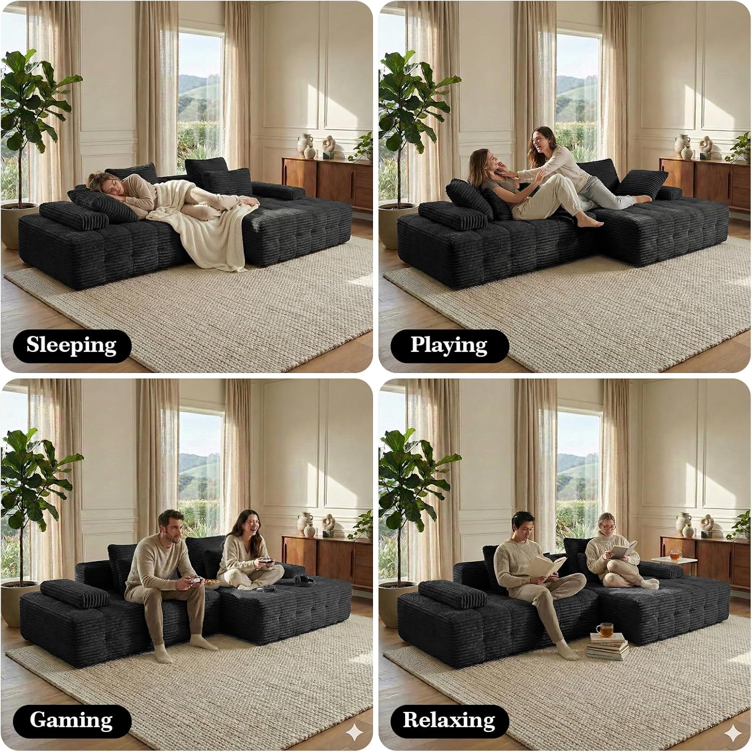 114" Sectional Couches for Living Room Cloud Couch Sofa with L-Shape Upholstered Boneless Couchs Modern Modular Sectional Couch with Chaise (Black, 114" W+Right Facing Chaise) | boneless couch, No Assembly Required