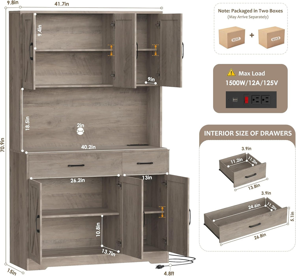 HOSTACK 71" Pantry Cabinet with Charging Station, Tall Kitchen Pantry Storage Cabinet with Microwave Stand, Farmhouse Kitchen Hutch with Storage Drawers for Living Room, Dining Room, Ash Grey