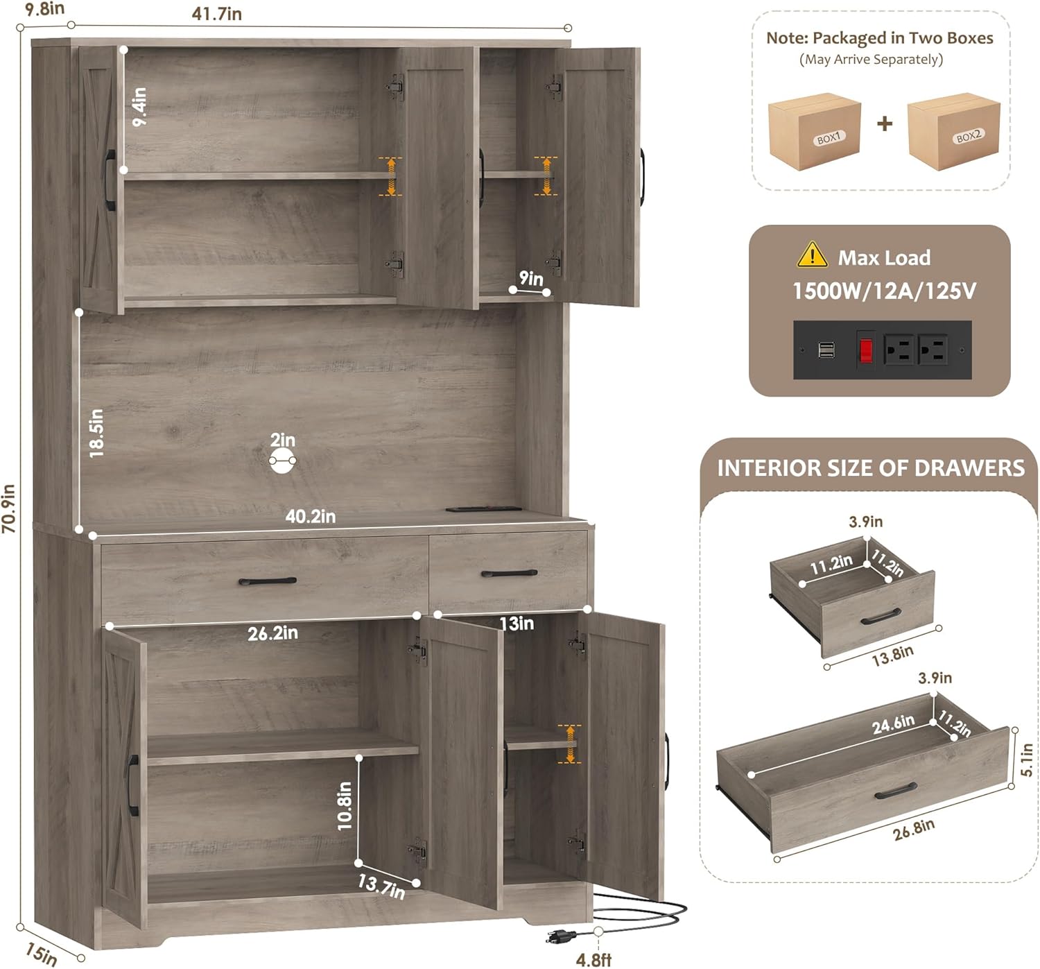 HOSTACK 71" Pantry Cabinet with Charging Station, Tall Kitchen Pantry Storage Cabinet with Microwave Stand, Farmhouse Kitchen Hutch with Storage Drawers for Living Room, Dining Room, Ash Grey