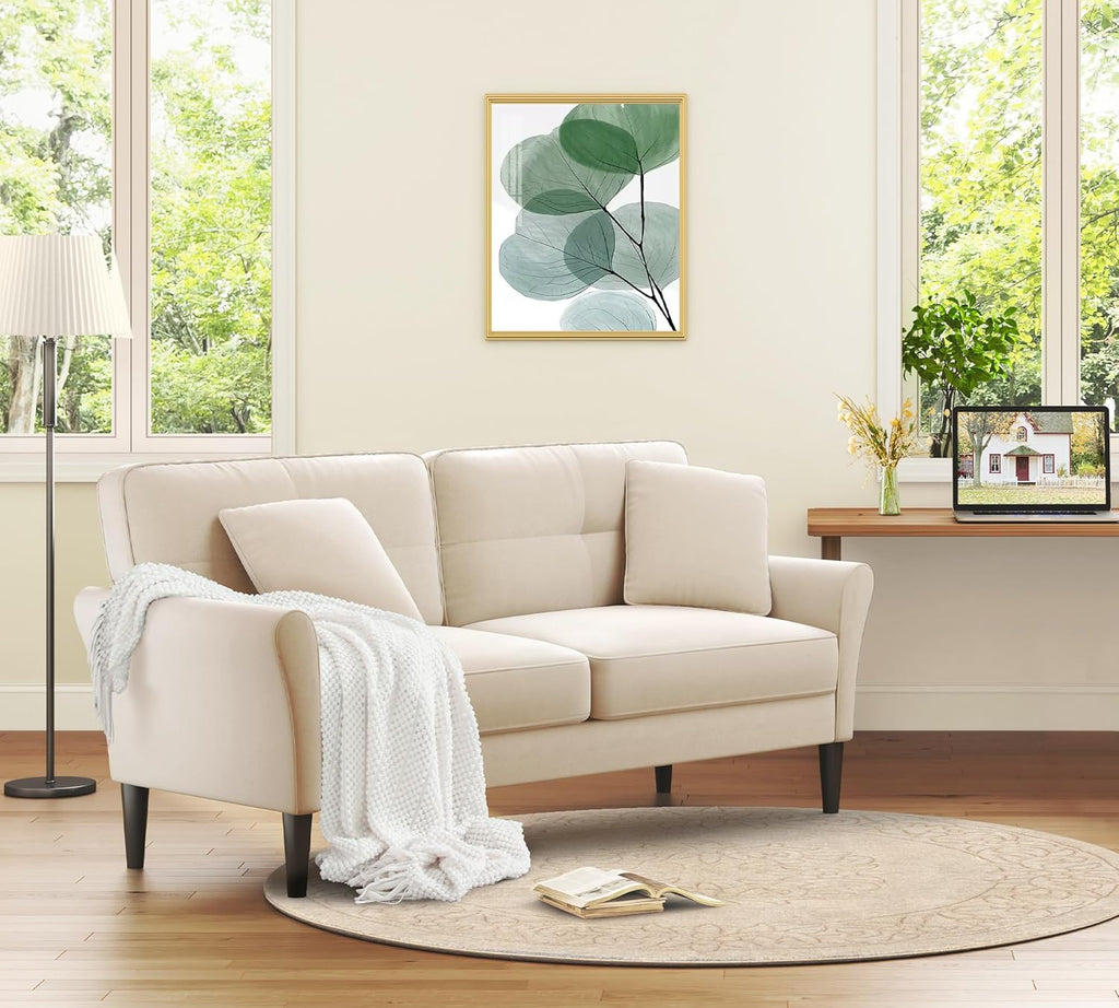 Loveseat Sofa, 69" Love Seat Couches, Comfy Velvet Small Couches for Small Spaces with 2 Pillows, Tool-Free Setup Sofas & Couches, 700lb Load Sofas for Living Room, Mini Couch for Bedroom, White Couch