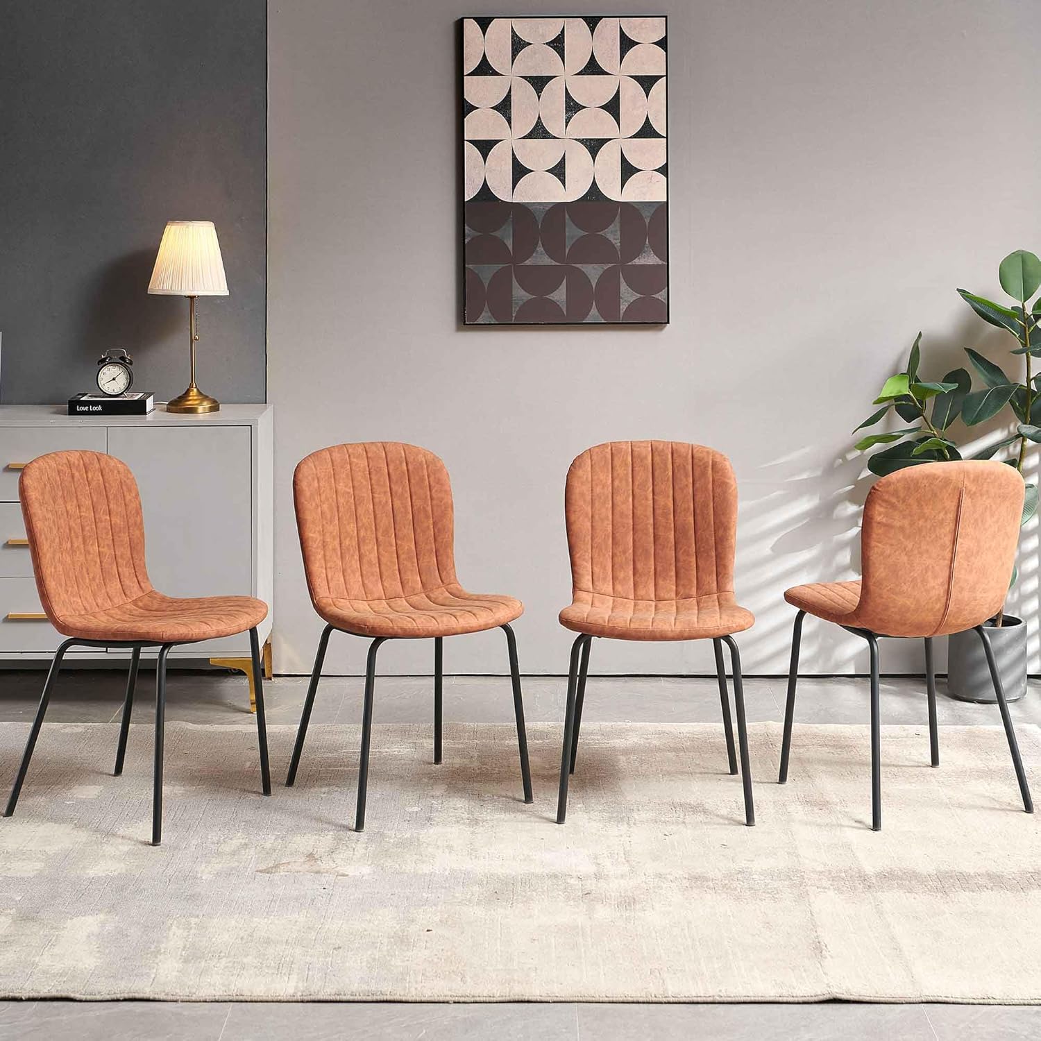Brown Dining Chairs Set of 4 PU Leather Dining Room Chairs with Black Metal Legs, Mid Century Modern Dining Chairs for Kitchen & Dining Room