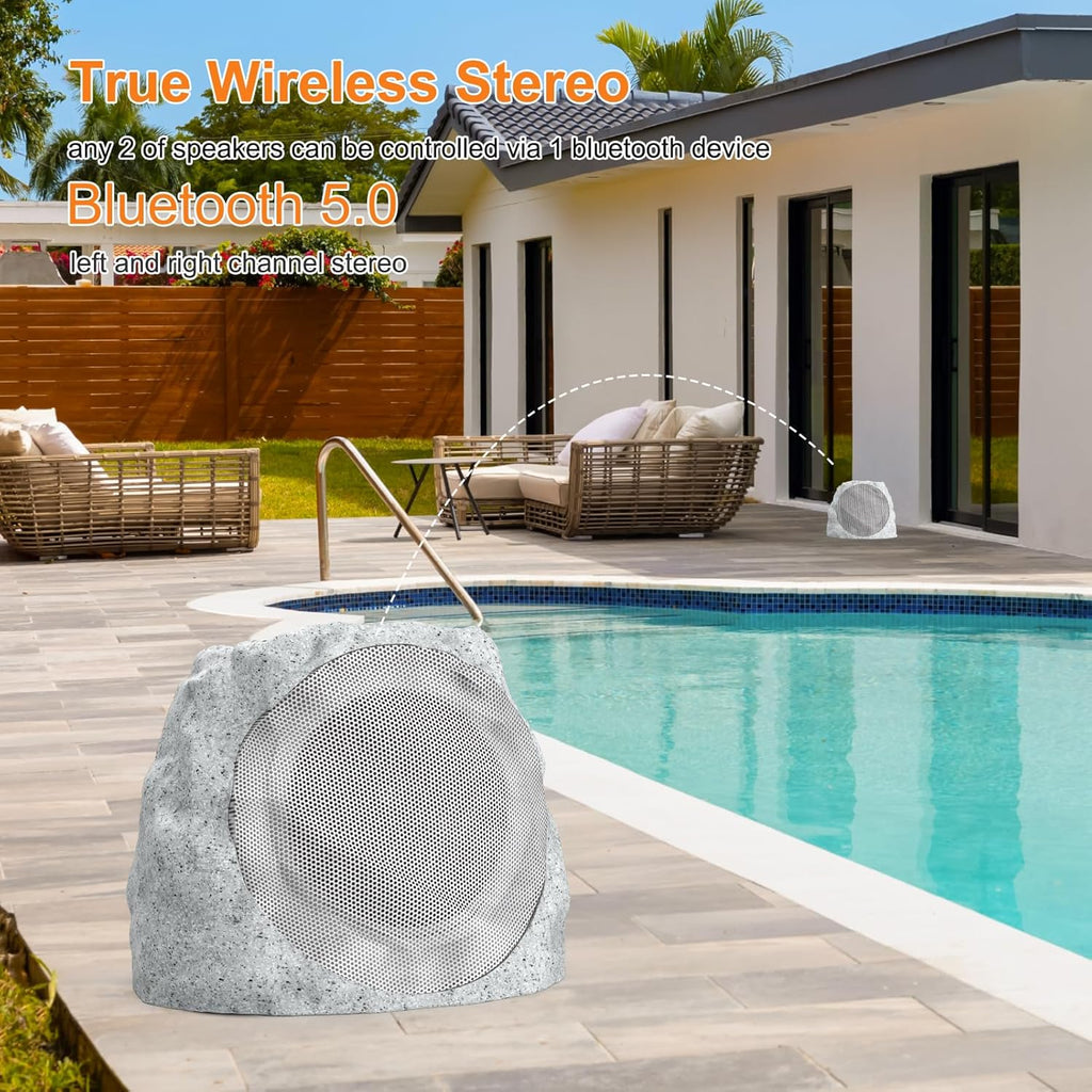 Outdoor Speakers Solar Powered & USB-C Rechargeable, Rock Speakers TWS Pairing Wireless Outdoor Speaker Bluetooth 5.4, LED Light Show, Waterproof, ideal for Backyard BBQ, Garden, Poolside (2-Pc,Grey)