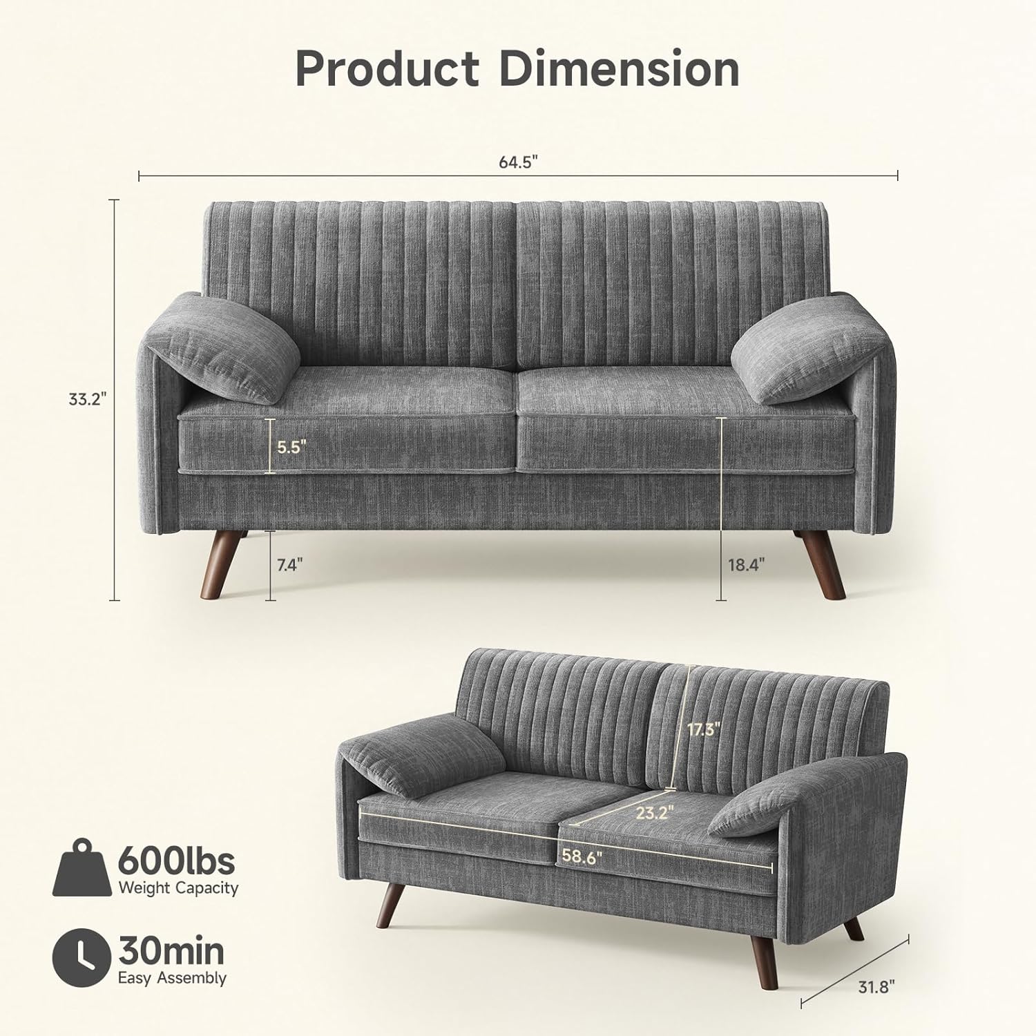 ONBRILL 64.5" Loveseat Sofa, Chenille Loveseat Couch for Living Room, 23.2" Deep Seat Love Seat with Padded Arms, Comfy Modern Small Couches for Bedroom, Small Spaces, Dorms, Office, Grey