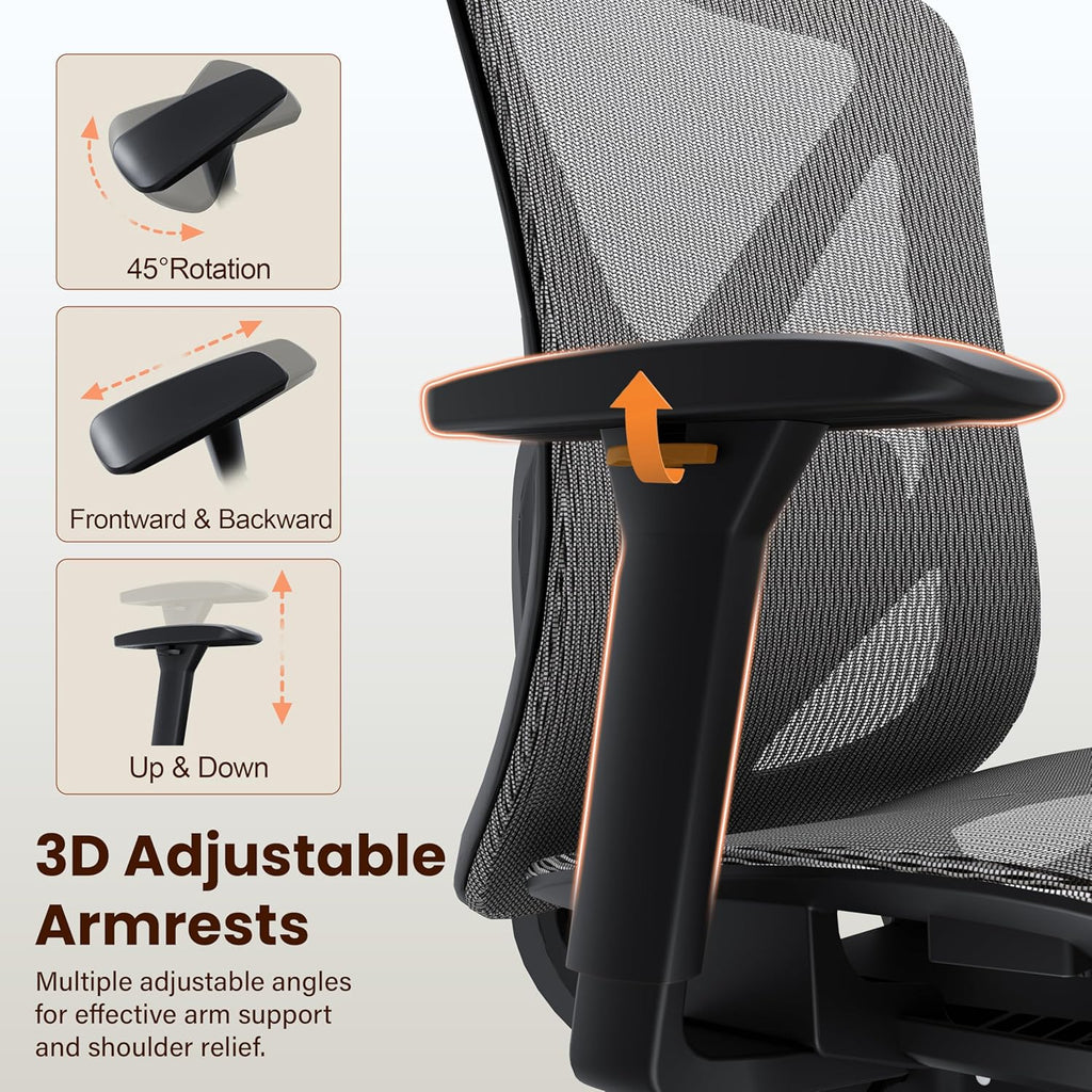 Ergonomic Office Chair, Mesh Computer Desk Chairs with Adjustable Lumbar Support, 3D Armrest, Tilt Function, Comfy Wide Seat, Executive Work Task Chair for Company & Home, Gaming Chair (Grey)