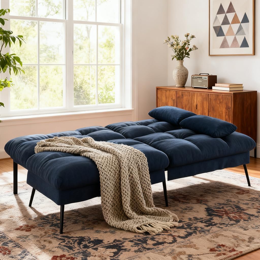 COMHOMA Convertible Sofa Bed,72″Fabric Couch with Adjustable Backrest,Loveseat Recliner Sleeper Living Room Furniture futon Set (Blue)