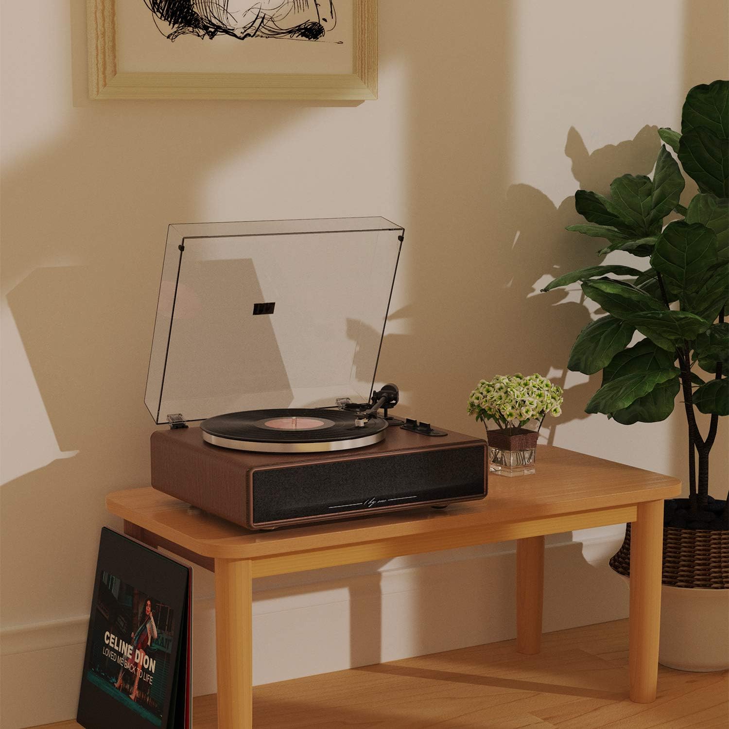 1 by ONE High Fidelity Belt Drive Turntable with Built-in Speakers, Vinyl Record Player with Magnetic Cartridge, Wireless Playback and Aux-in Functionality, Auto Off