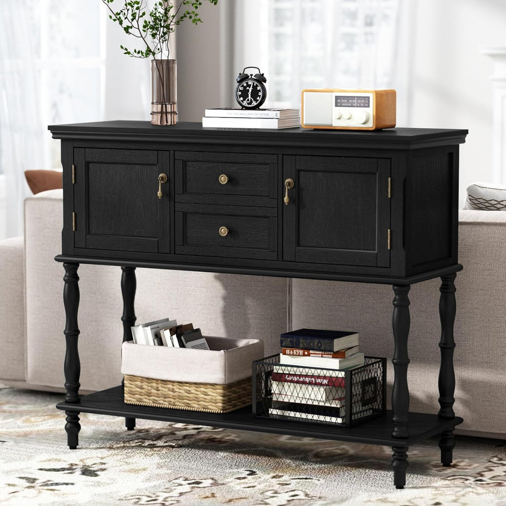 ARTPOWER Console Table with 2 Drawers, Retro Entryway Table with 2 Door Cabinets and Open Storage Shelf, Narrow Long Behind Couch Sofa Table for Living Room, Foyer, Hallway, Black