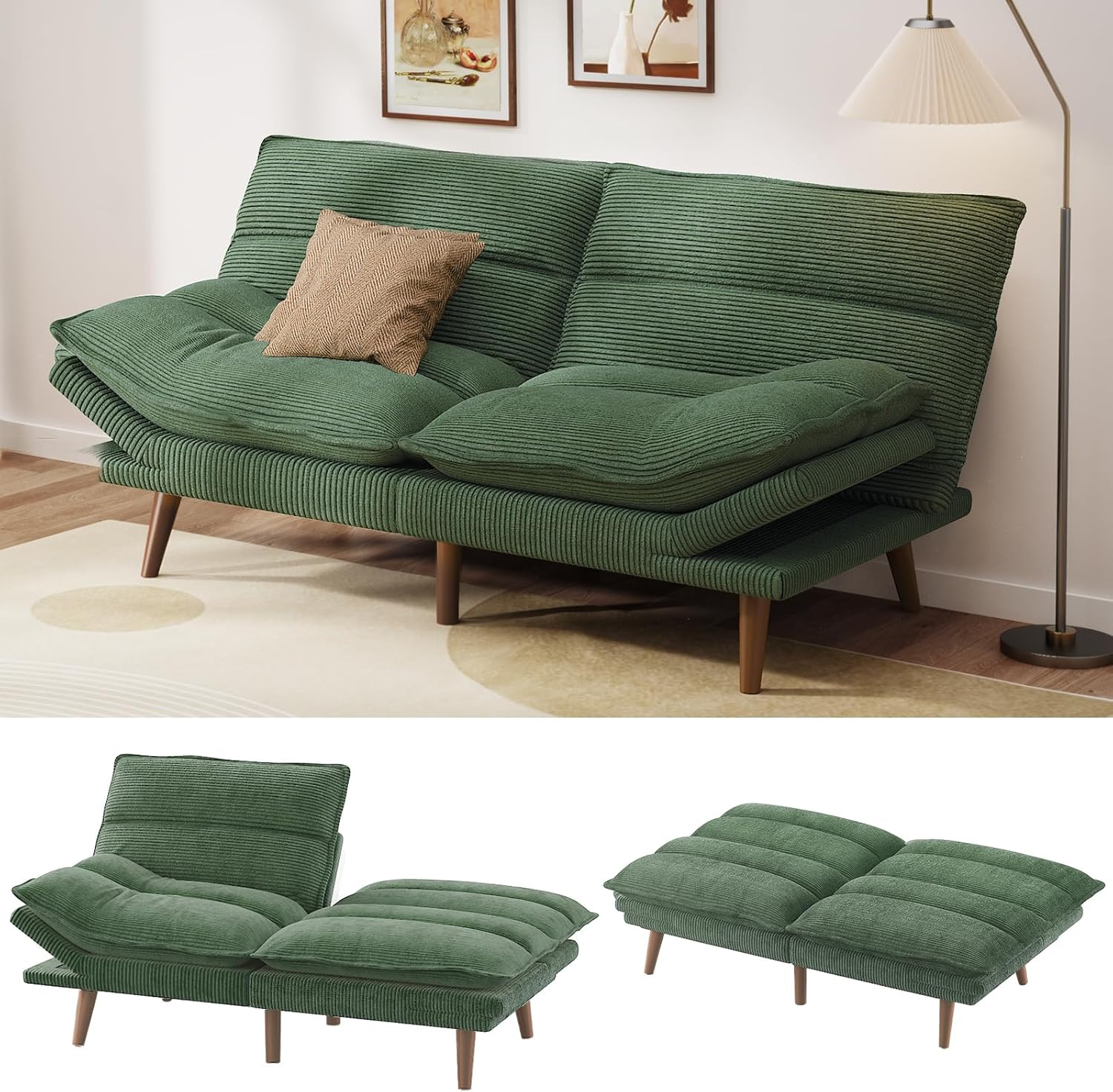 Pipishell Futon Sofa Bed, Convertible Futon Adjustable Backrest & Armrests, Corduroy Sleeper Couch for Small Spaces, Living Room, Office, Guest Room (Moss Green, 66 Inch)