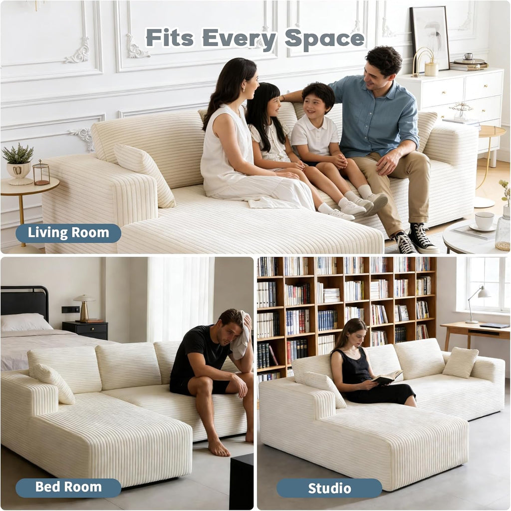 106" Corduroy Sectional Couch, Boneless L Shaped Couch with Deep Seat, Cloud Foam Sofa with Oversized Chaise, Sectional Sofa No Assembly Needed for Living Room