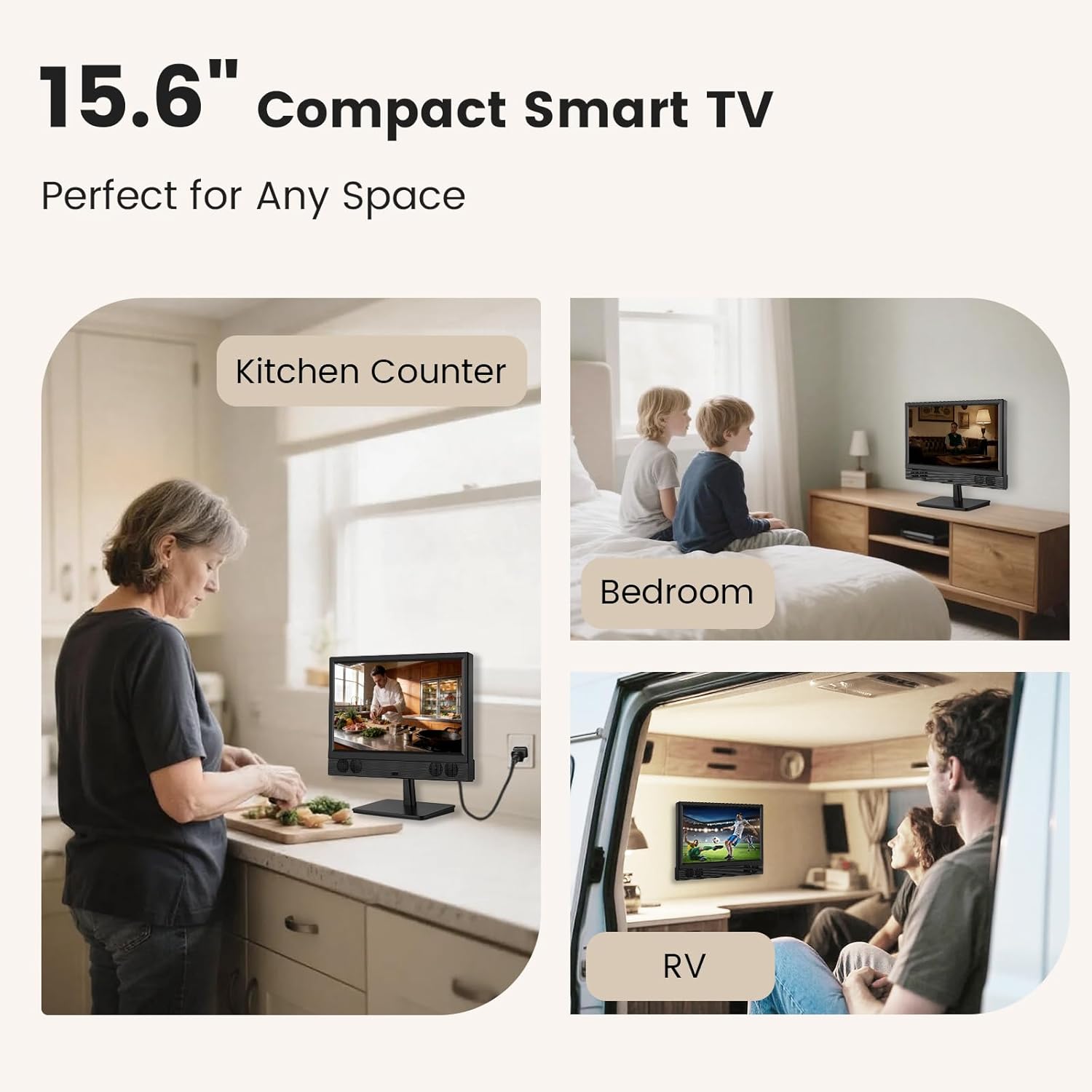 othoig 15.6 Inch Small Smart TV, FHD 1080p Compact Smart TV with Built-in Apps, WiFi & Bluetooth, ATSC Digital Tuner, HDMI/USB/AV Inputs, 110–220V AC Power TV for Kitchen, Bedroom, RV, Camper, Truck