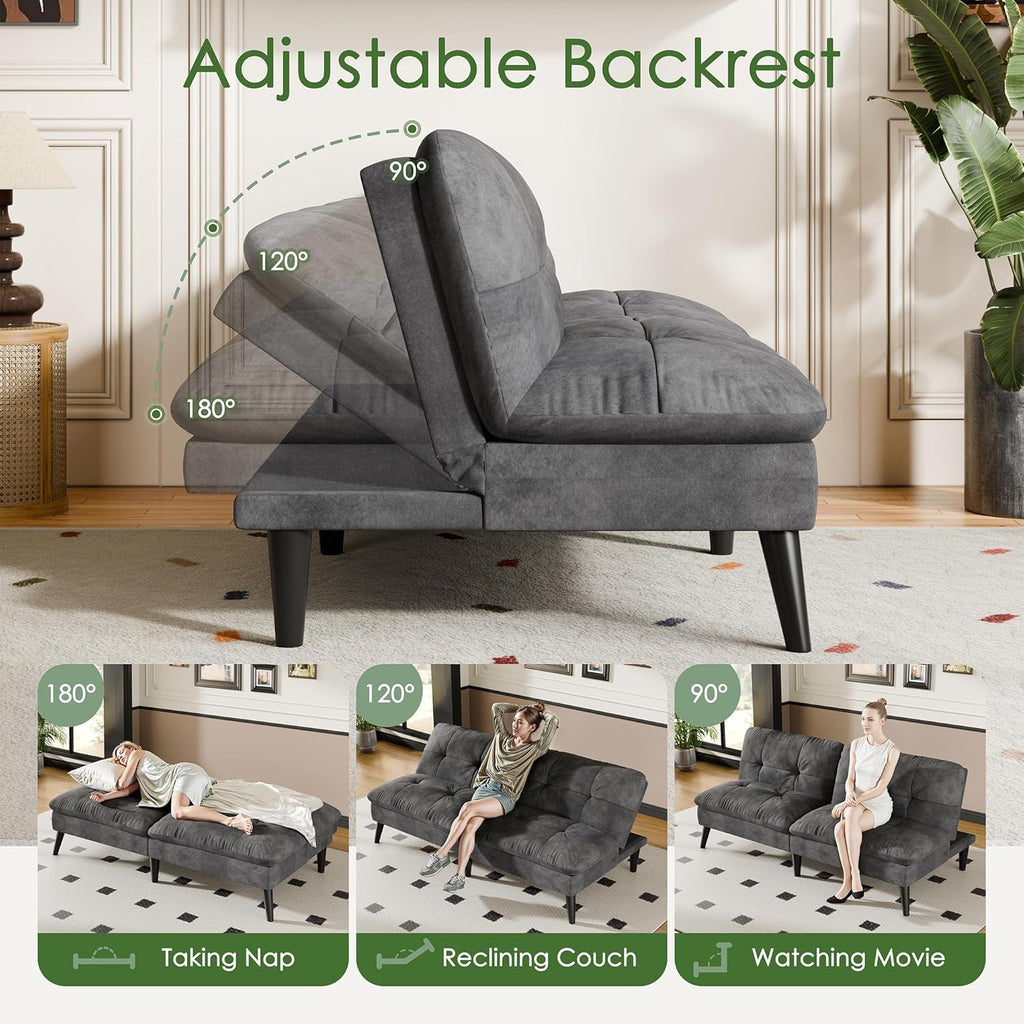 Vongrasig Futon Sofa Bed Velvet Futon Couch with Adjustable Backrest, Small Convertible Folding Sleeper Sofa Bed, Modern Loveseat for Living Room, Bedroom and Small Space, Gray