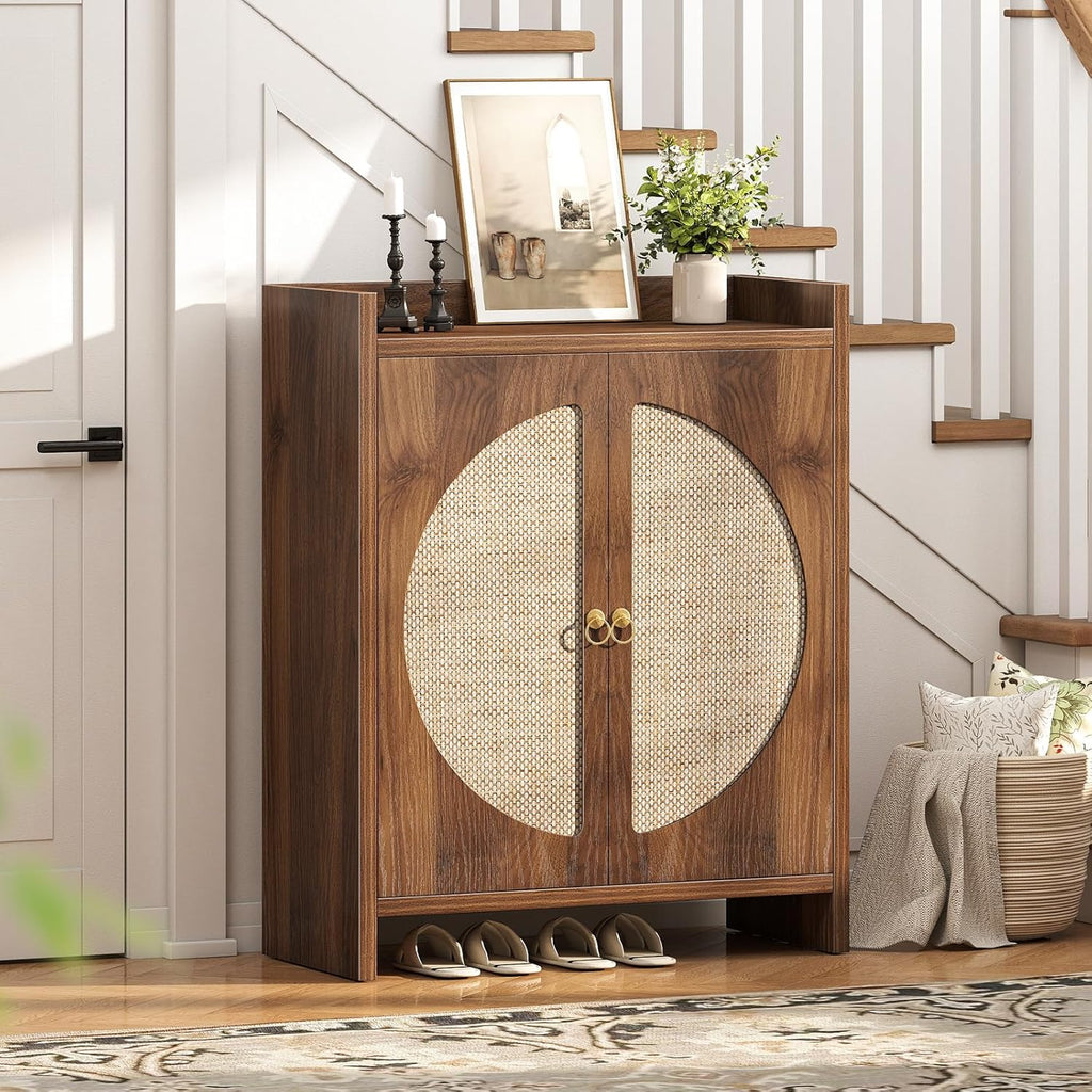 Shoe Cabinet Storage for Entryway - Rattan Entry Way Shoe Storage Cabinet with Adjustable Shelves, Wood Shoe Organizer Cabinet, Accent Cabinet with Doors for Entrance Hallway Living Room Foyer