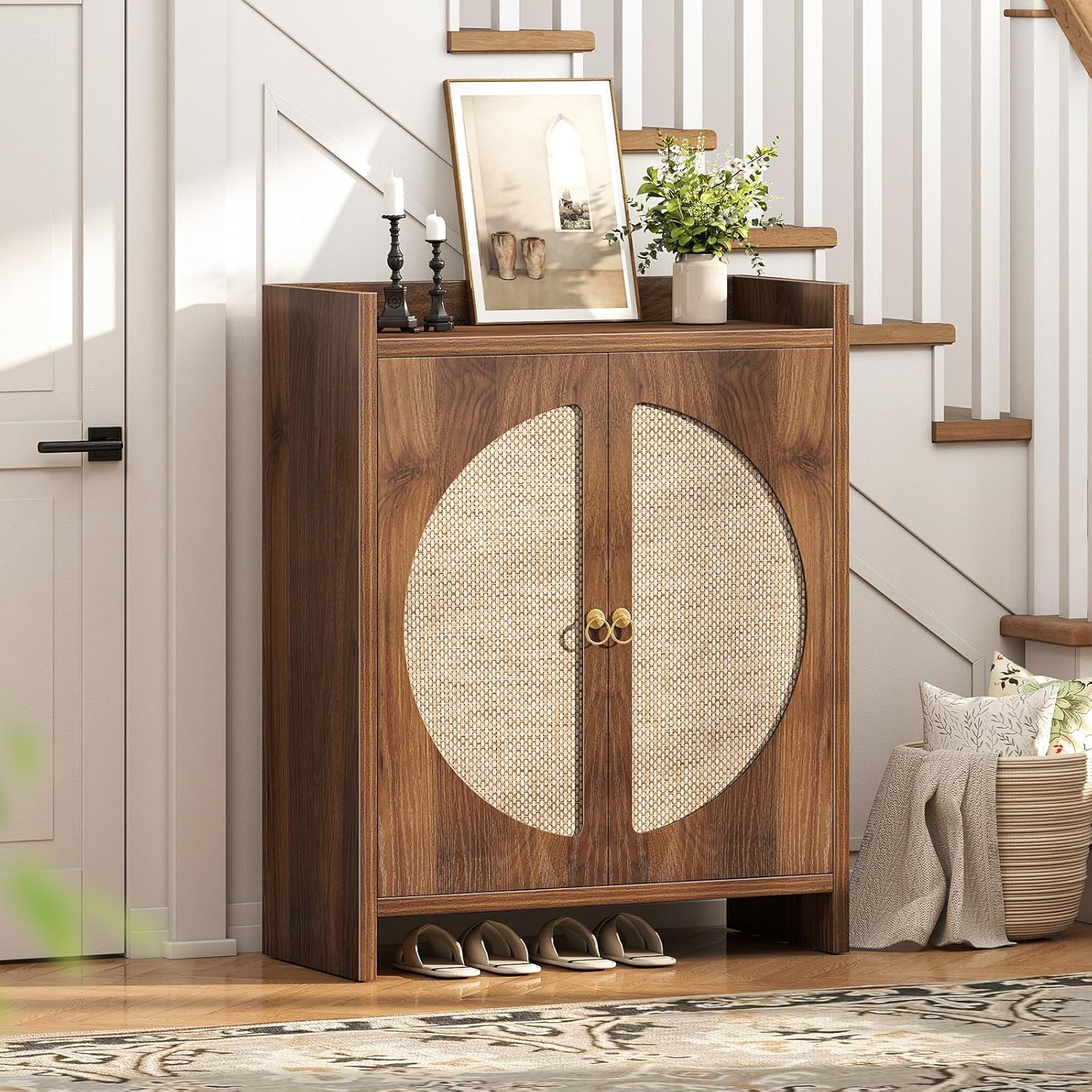 Shoe Cabinet Storage for Entryway - Rattan Entry Way Shoe Storage Cabinet with Adjustable Shelves, Wood Shoe Organizer Cabinet, Accent Cabinet with Doors for Entrance Hallway Living Room Foyer