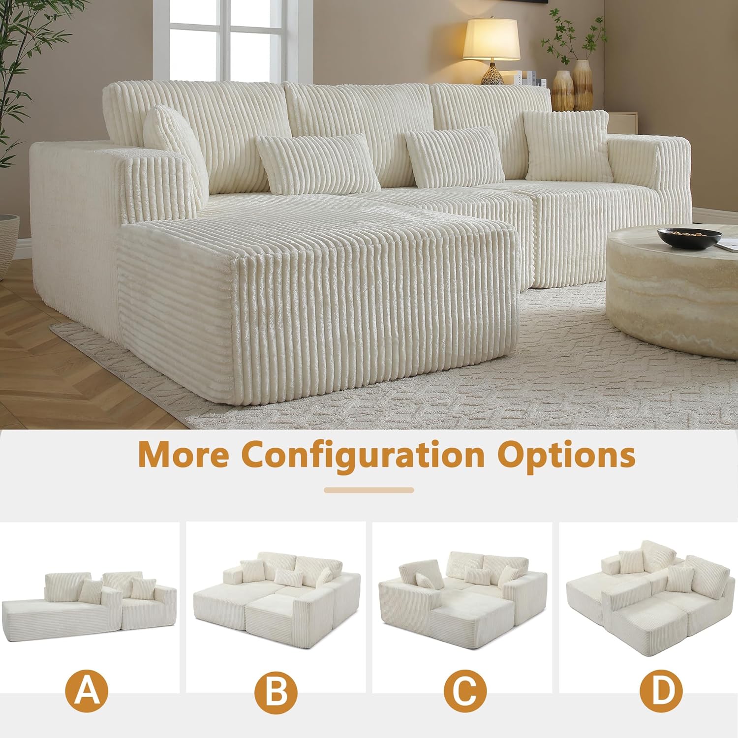 110” Modular Sectional Sofa, Cloud Sectional Couch with Deep Seat, Upholstered Boneless Couches for Living Room, Modern Modular L-Shape Sofa Couch with Chaise (Beige, 110" Left Facing Chaise)