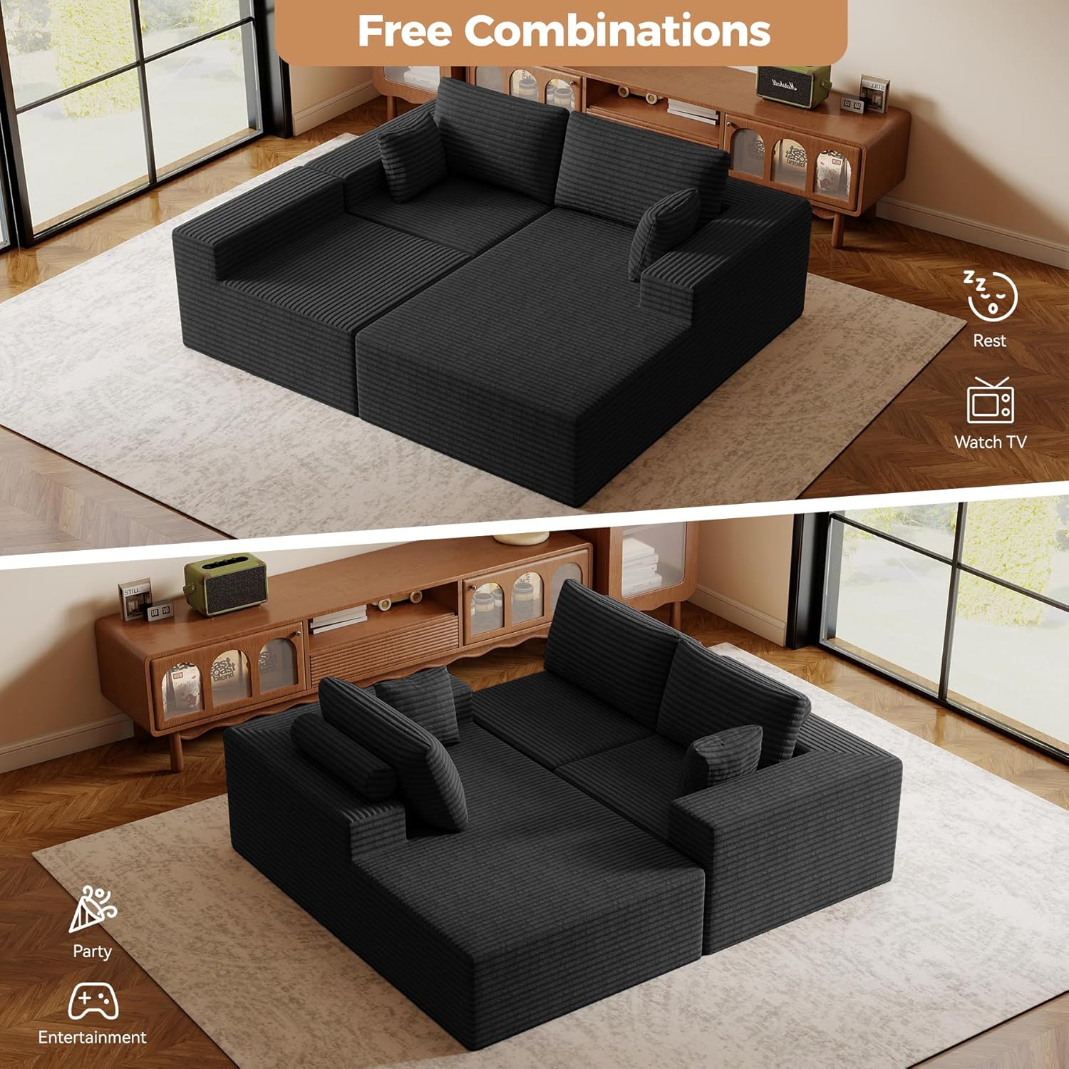 111'' Modular Sectional Cloud Couches with L Shaped Chaise, Upholstered Deep Seat Boneless Sofa for Living Room, Bedroom, No Assembly Required-Black 1PCS(Corduroy Fabric)