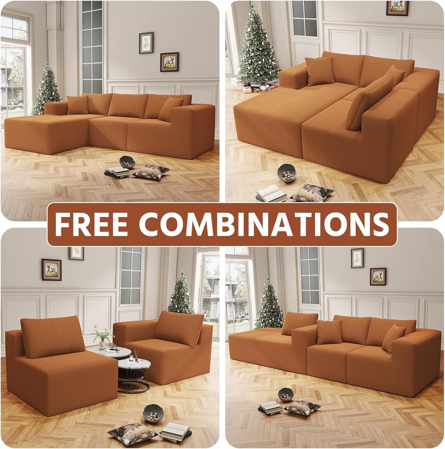 108" Orange Boneless Cloud Couches for Living Room L Shapes Sectional Sofa with Chaise Lounge, Comfy Teddy Fabric Memory Foam Couch Including Throw Pillow and Backrest - Removable Washable