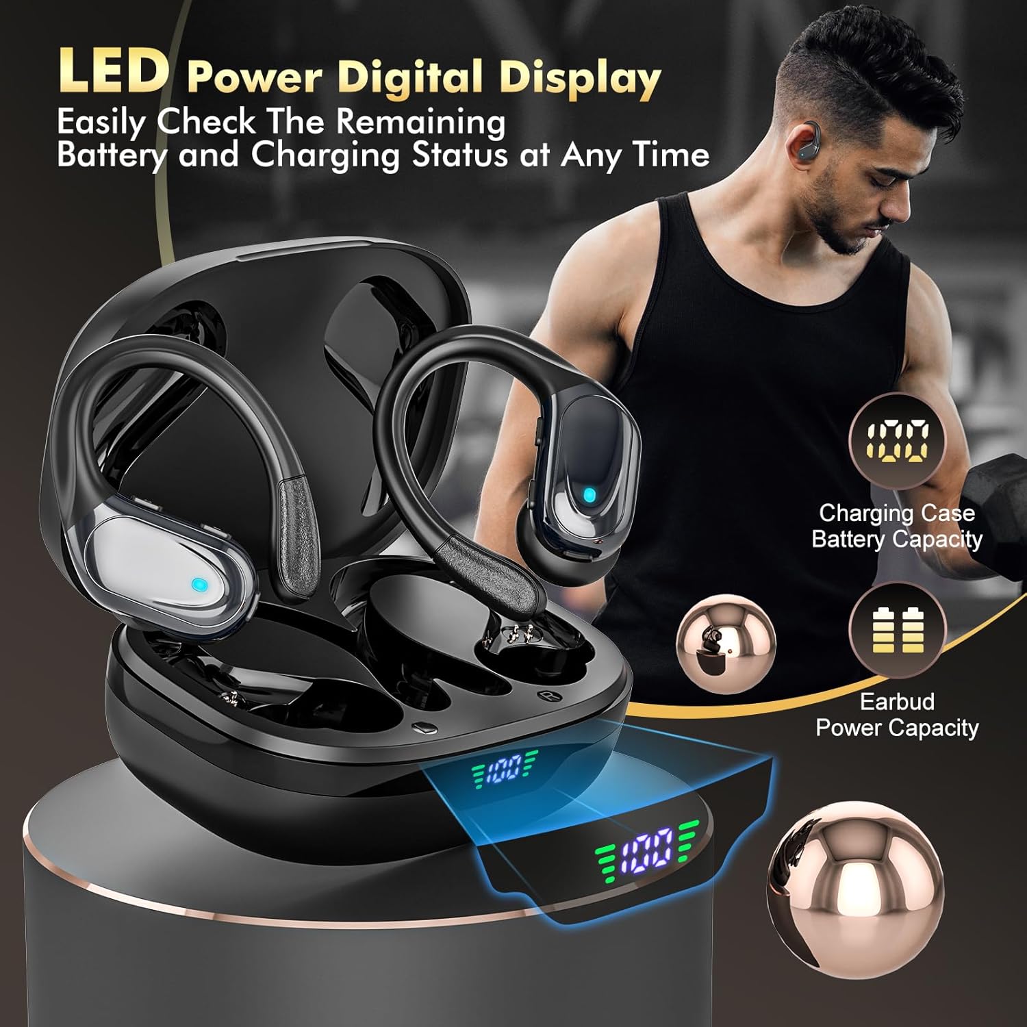 HAOYUYAN Sports Bluetooth Headphones, 80Hrs Playtime Wireless Earbuds with LED Power Display, IPX7 Waterproof Earphones for Workout/Running, Noise Canceling Headset Ear Buds(Black)