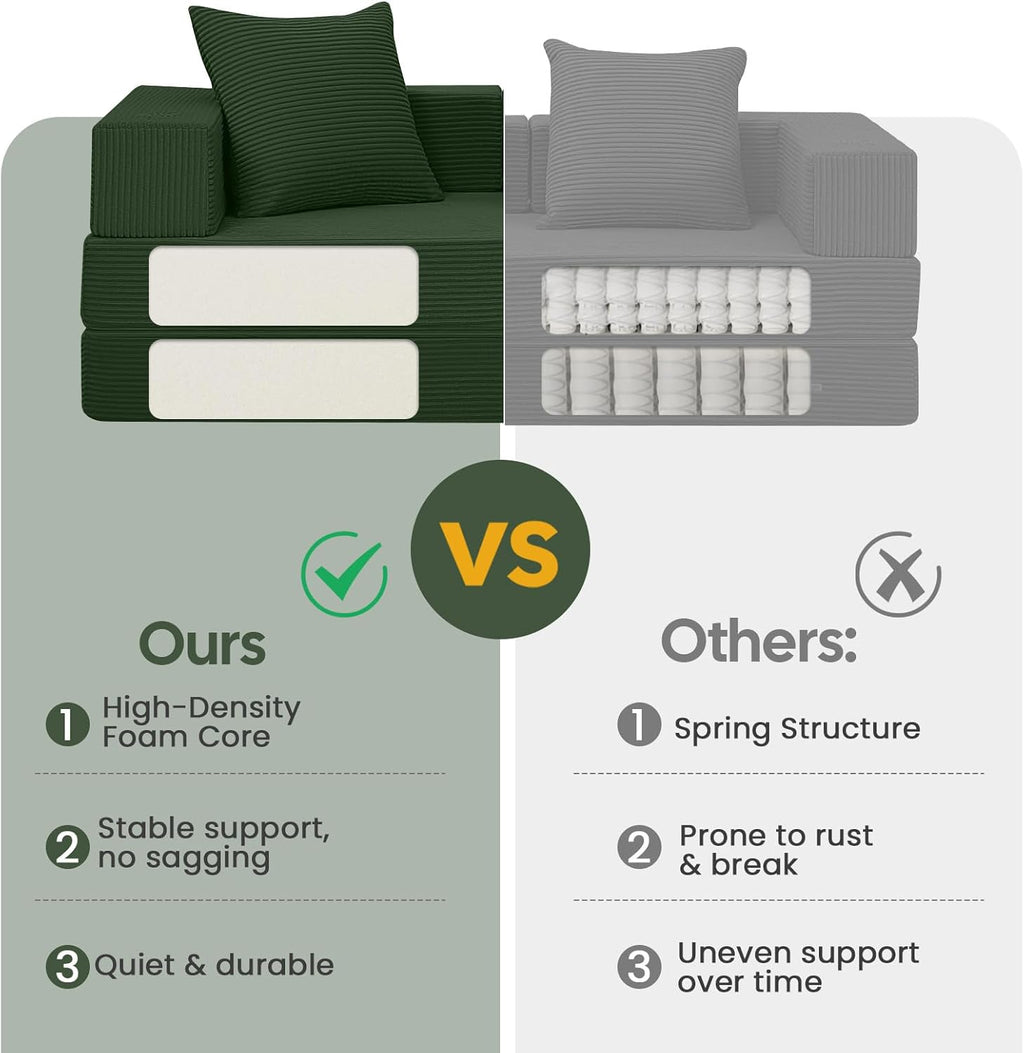 COMAX Futon Sofa Bed, 4‑in‑1 Convertible Sofa Bed, Folding Boneless Couches for Living Room, Fold Out Small Foldable Loveseat Floor Sleeper Comfy Mattress Lounge Space‑Saving, Green