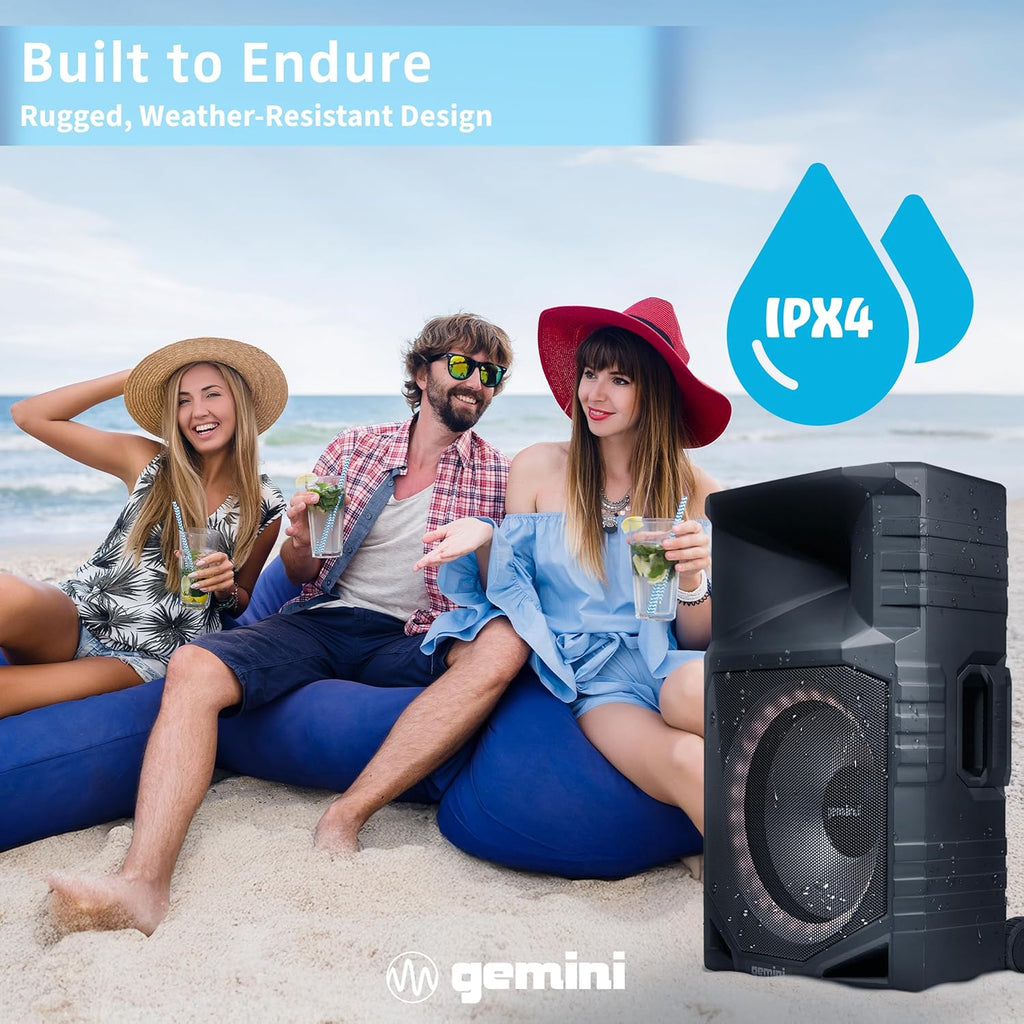 Gemini Sound Portable PA Speaker System with Bluetooth – 15" Woofer, All-Weather IPX4, 24Hr Battery, RGB LED Party Lights, Mic & Guitar Inputs, USB/FM Radio, Wireless Stereo Link (GXP-T1500)
