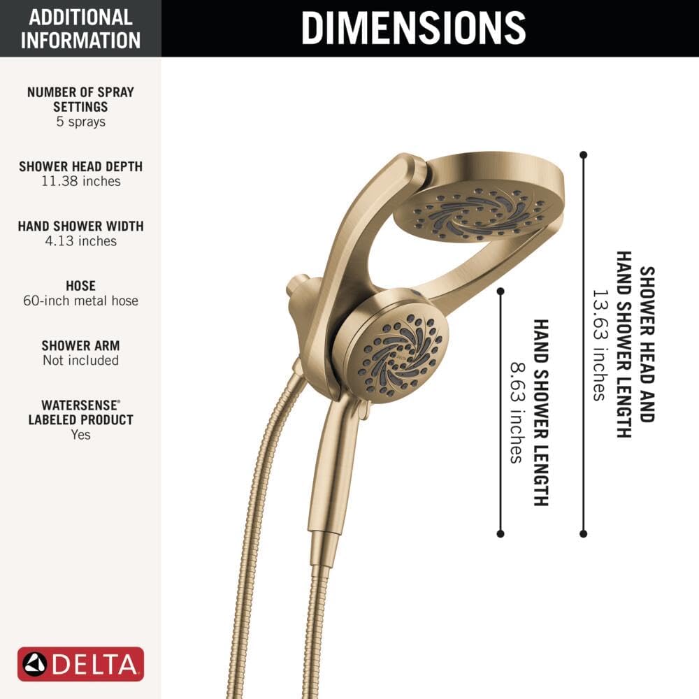 Delta 5-Setting HydroRain 2-in-1 Dual Shower Head with ProClean Spray, Brushed Gold High Pressure Shower Head with Handheld Spray, 1.75 GPM Flow Rate, Champagne Bronze 75419CZ