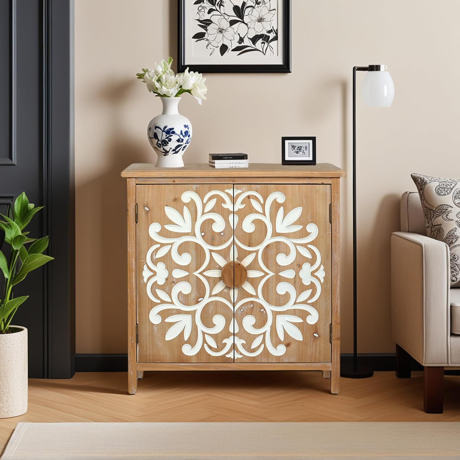 Small Entryway Cabinet with Storage - Farmhouse Cabinet for Living Room, Decorative Storage Cabinet with Floral Carvings, Antique Brown & White Accent Cabinets