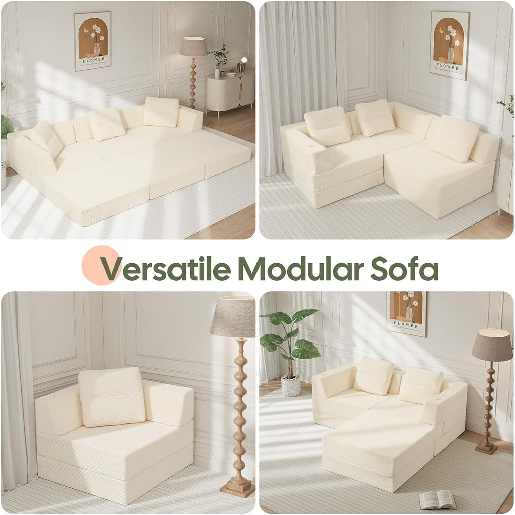 COMAX Futon Sofa Bed 3 Seater, 106" Convertible Sofa Bed Couches for Living Room, 4 in 1 Folding Boneless Sleeper Corduroy Couch Foam in a Box, Comfy Foldable Lounge Fold Out Floor Mattress, Beige