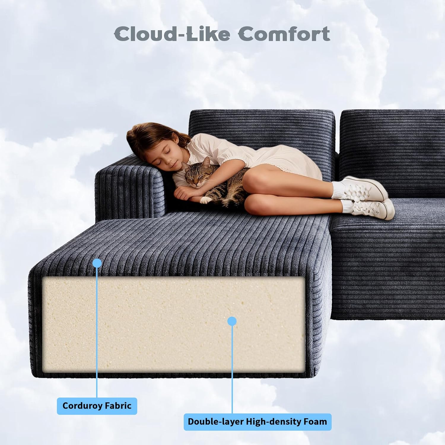 106" Corduroy Sectional Couch, Boneless L Shaped Couch with Deep Seat, Cloud Foam Sofa with Oversized Chaise, Sectional Sofa No Assembly Needed for Living Room
