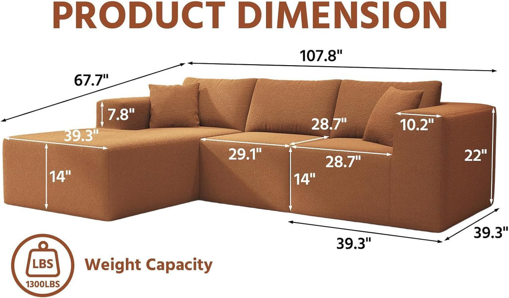 108" Orange Boneless Cloud Couches for Living Room L Shapes Sectional Sofa with Chaise Lounge, Comfy Teddy Fabric Memory Foam Couch Including Throw Pillow and Backrest - Removable Washable