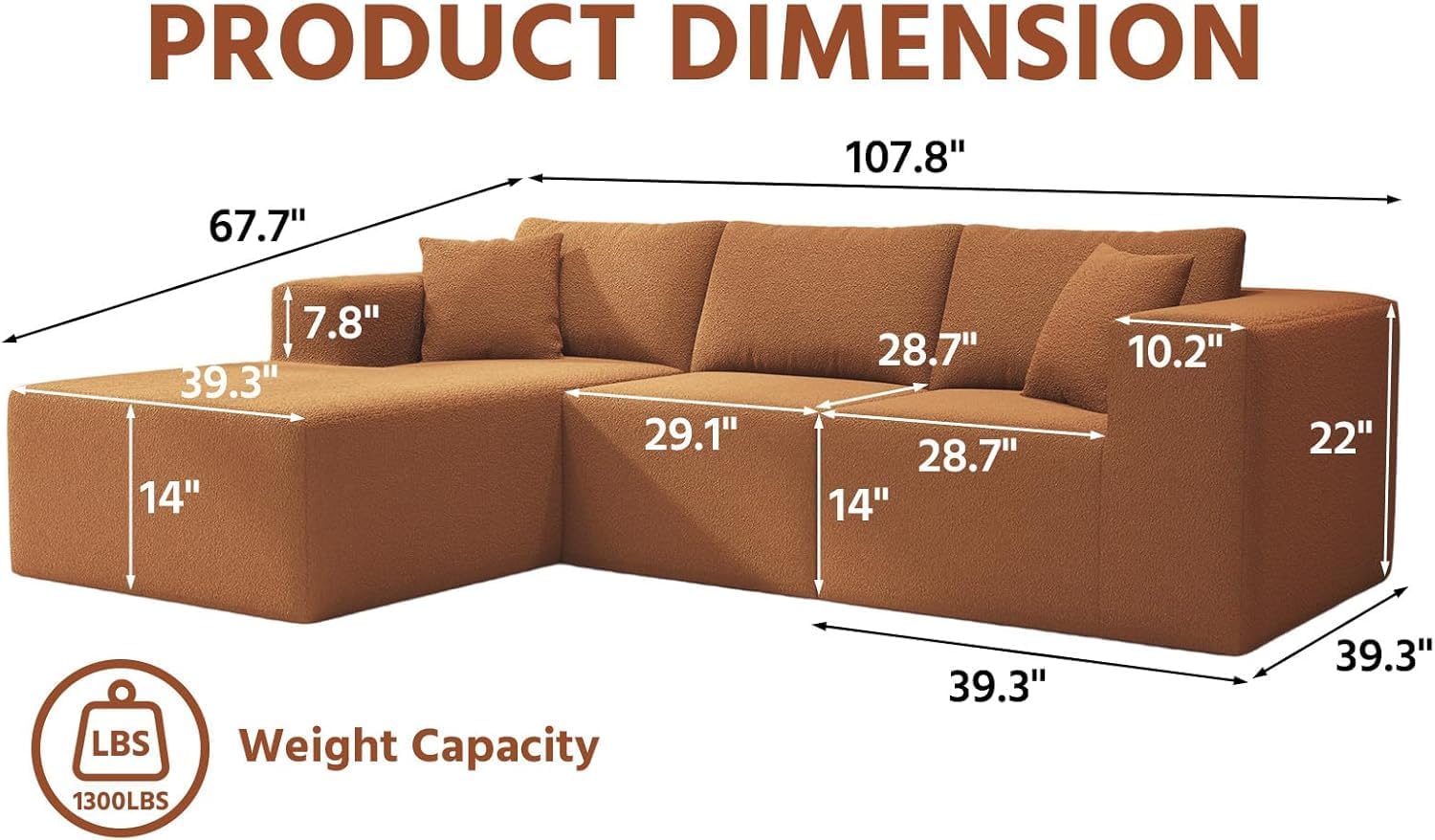 108" Orange Boneless Cloud Couches for Living Room L Shapes Sectional Sofa with Chaise Lounge, Comfy Teddy Fabric Memory Foam Couch Including Throw Pillow and Backrest - Removable Washable