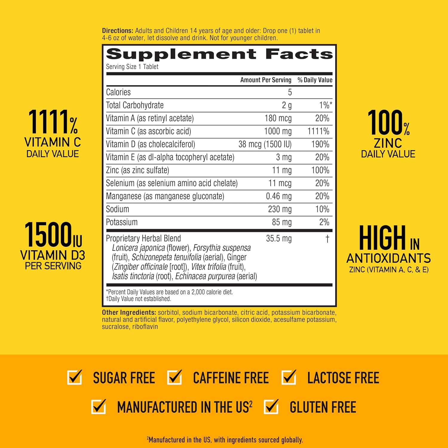 Airborne 1000mg Vitamin C + Zinc Sugar Free Multivitamin Immune Support Effervescent Fizzy Drink Tablets, Zesty Orange Flavor with Powerful Antioxidants Vitamins A C & E, 30 Tablets