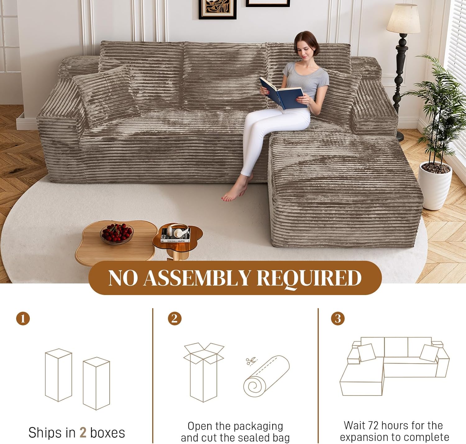 108" L Shaped Boneless Sectional Couches for Living Room, Comfy Corduroy Floor Cloud Sofa with Chaise, Wide Armrest, Deep Seat, Memory Foam, Assembly Free, Ideal for Small Spaces, Brown