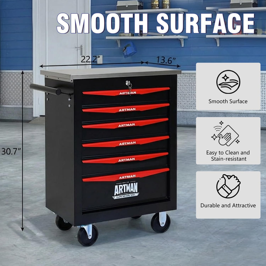 6-Drawer Rolling Tool Chest with Stainless Steel Countertop, Tool Chest with Secure Locking System, Mobile Storage Tool Cabinet with 360°Wheels and Padded Feet for Garage,Home (Black+Red)