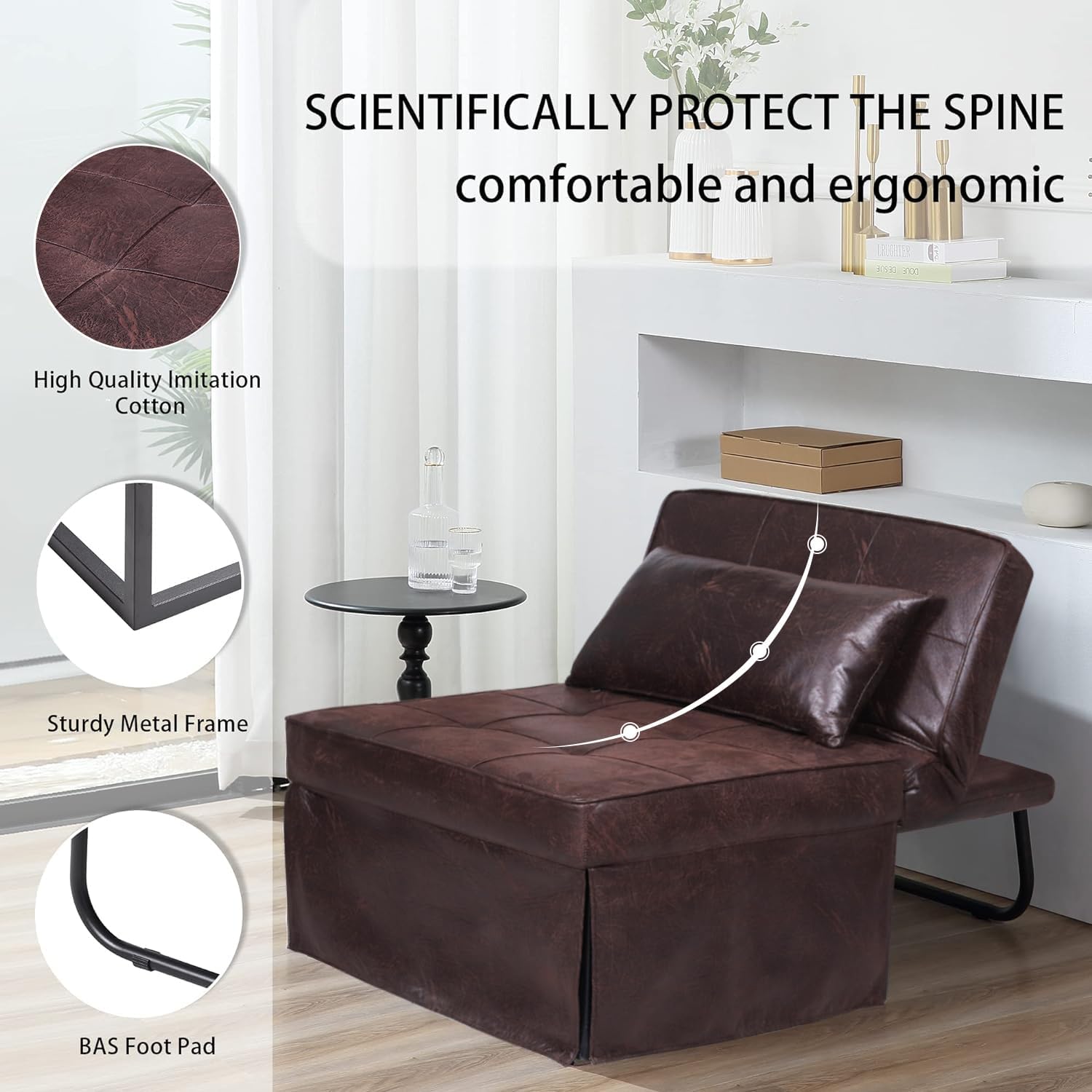 BIGSYY Sofa Bed, Set of 4 in 1 Multi-Function Folding Ottoman Breathable Linen Couch Bed with Adjustable Backrest Modern Convertible Chair for Living Room Apartment Office, PU Imitation, Brown