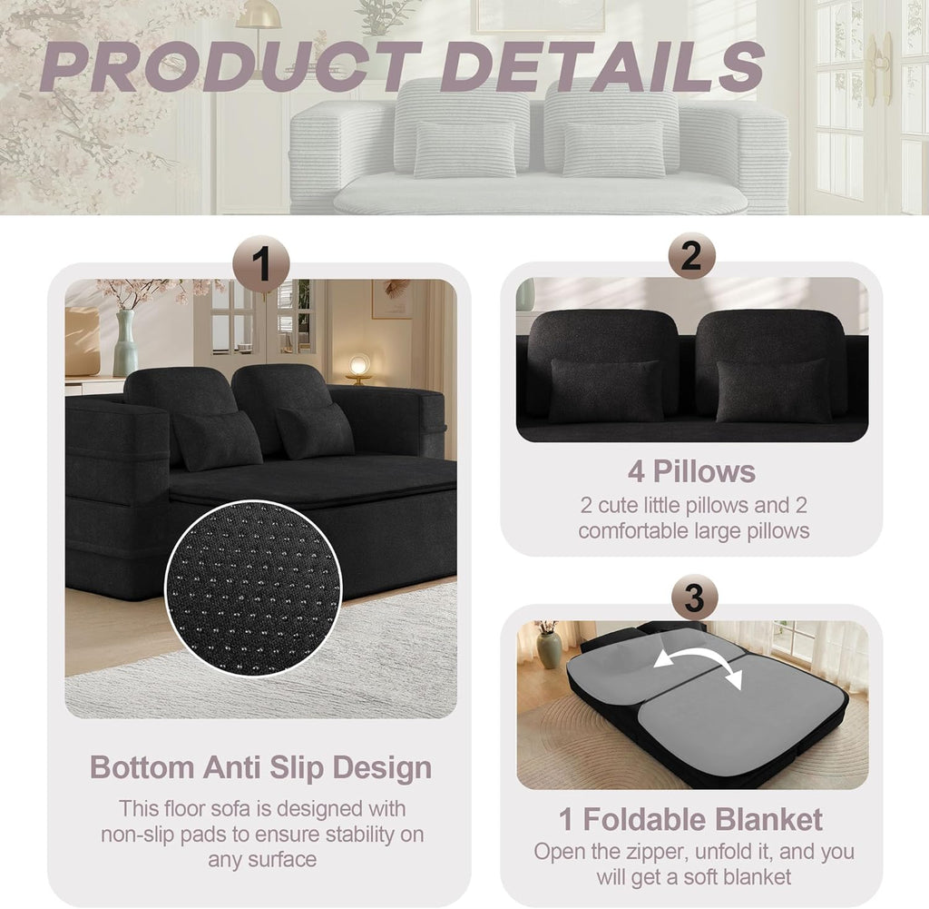 75'' Folding Sleeper Sofa Bed, Convertible Memory Foam Boneless Couch, Foldable Full Size Guest Bed, Modern 2-in-1 Futon Floor Sleeper Sofa with 4 Pillows and Blanket (Chenille, Black1)