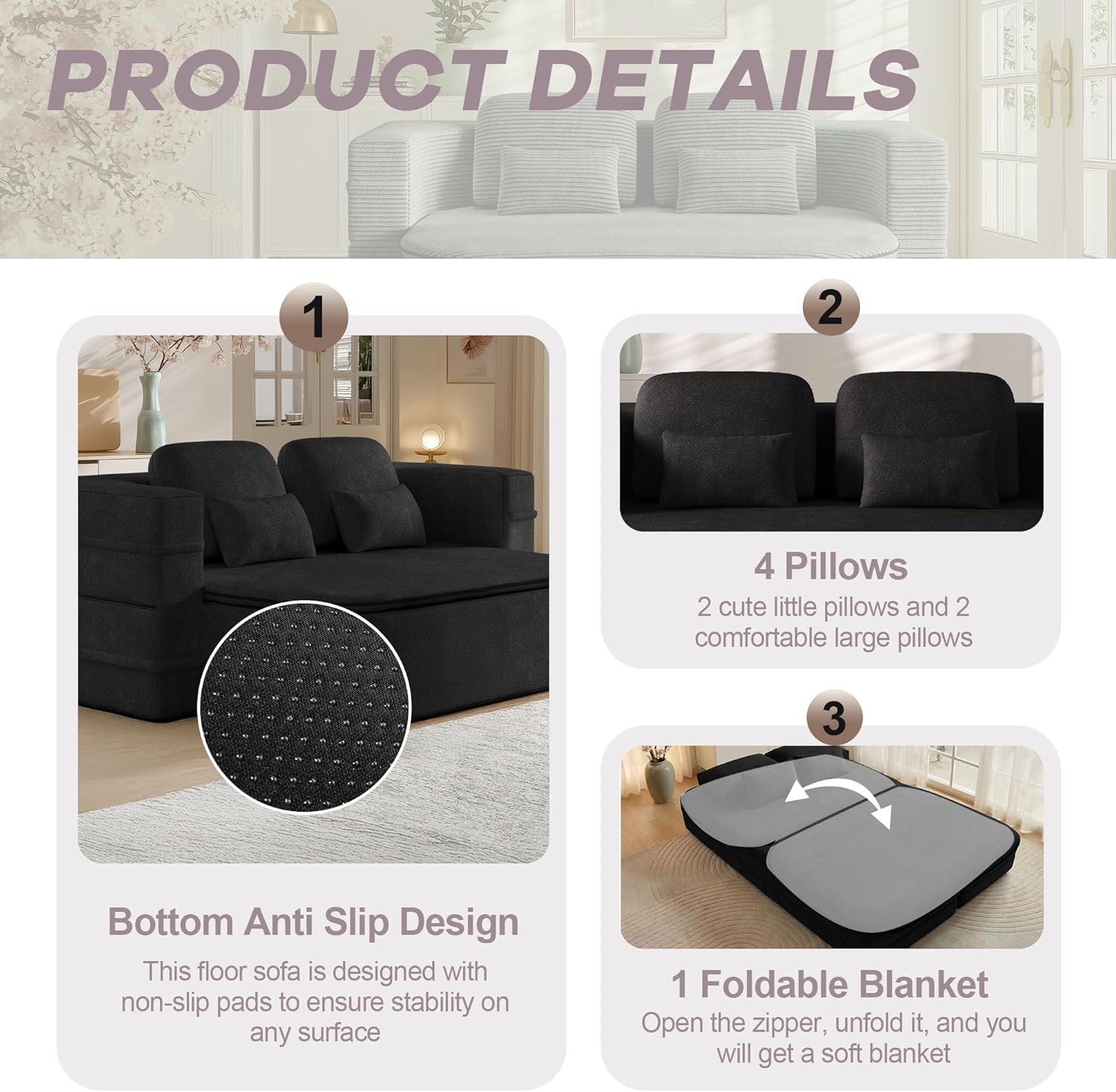 75'' Folding Sleeper Sofa Bed, Convertible Memory Foam Boneless Couch, Foldable Full Size Guest Bed, Modern 2-in-1 Futon Floor Sleeper Sofa with 4 Pillows and Blanket (Chenille, Black1)