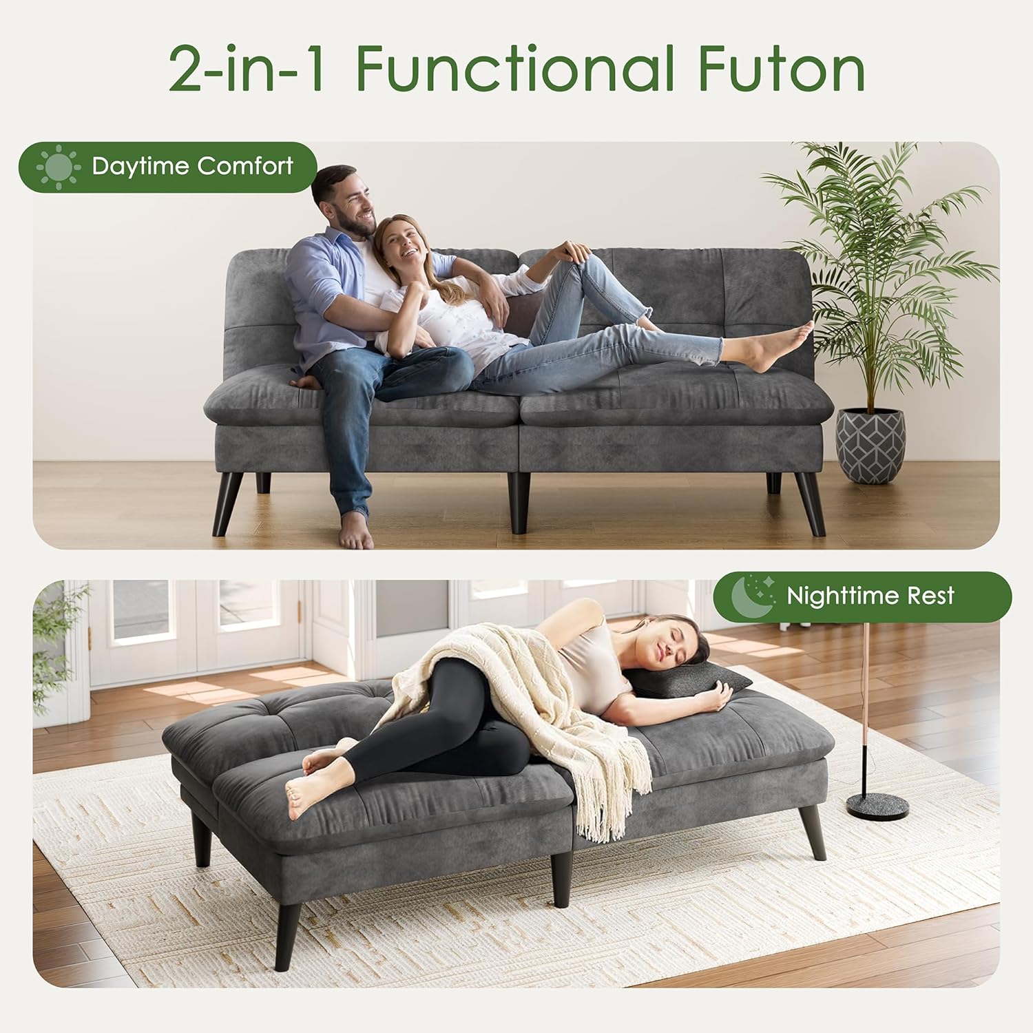 Vongrasig Futon Sofa Bed Velvet Futon Couch with Adjustable Backrest, Small Convertible Folding Sleeper Sofa Bed, Modern Loveseat for Living Room, Bedroom and Small Space, Gray
